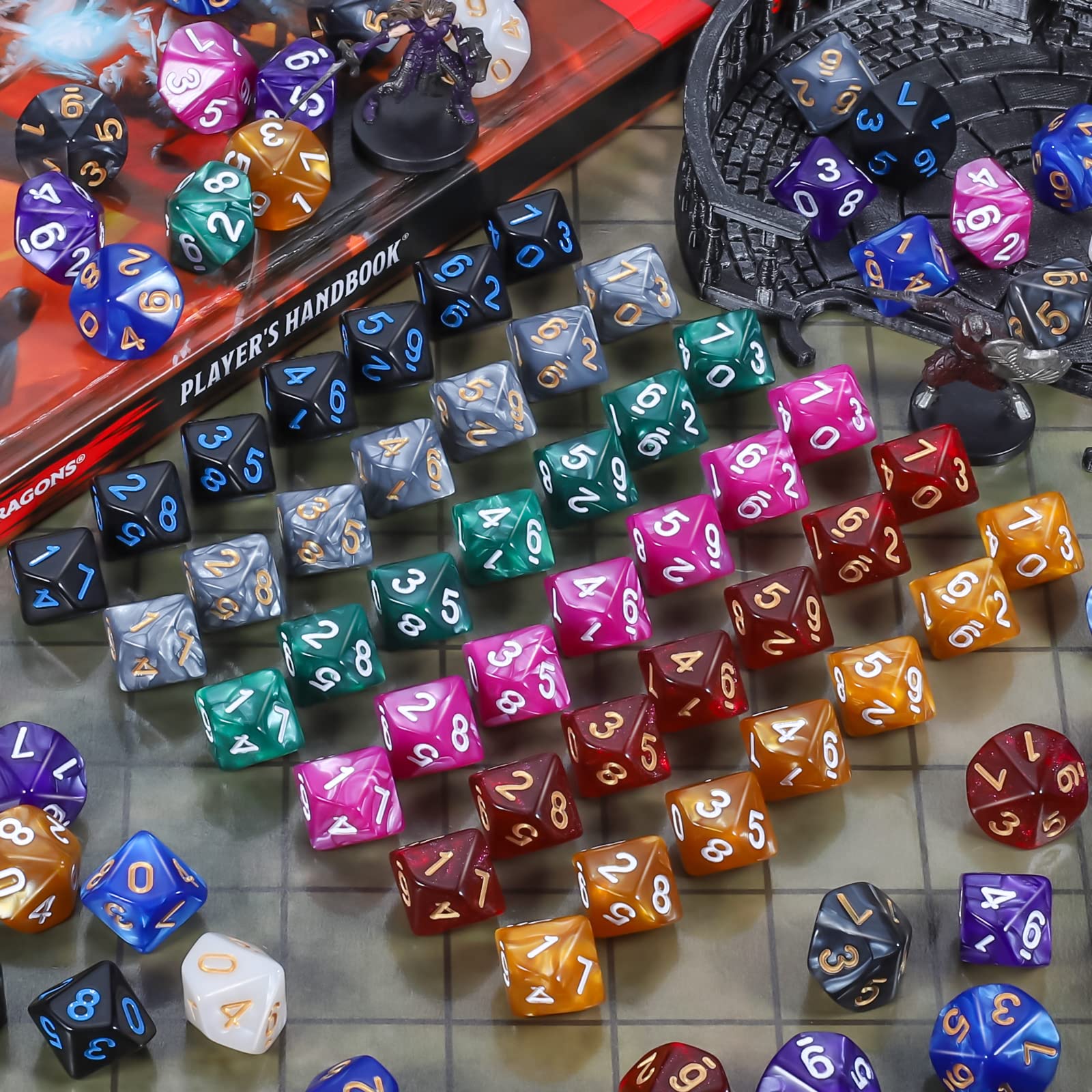 YILAIDA Lot de 100 dés polyédriques avec sac noir, dés de jeu de table pour donjons et dragons Pathfinder DND RPG MTG (10 côtés)