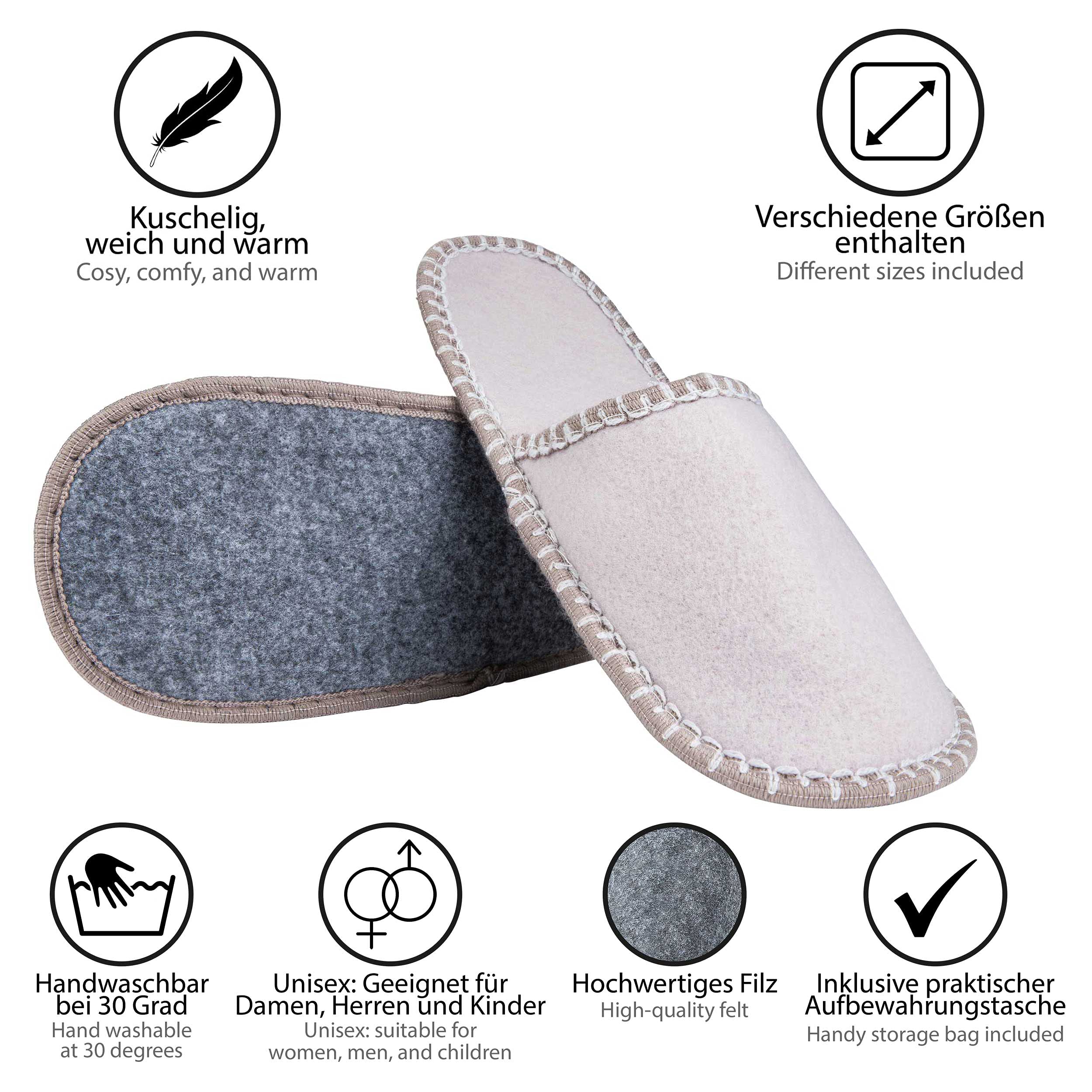 Lot de 2 ensembles de chaussons d'invité ONVAYA - Pantoufles - Feutre - 11 pièces - Gris