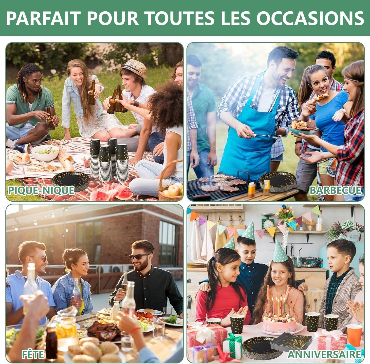 Vaisselle de fête noire et or 201 pièces, assiettes, gobelets, serviettes et nappe à pois dorés. Élégant et pratique pour anniversaire, mariage, baby shower ou toute autre célébration spéciale