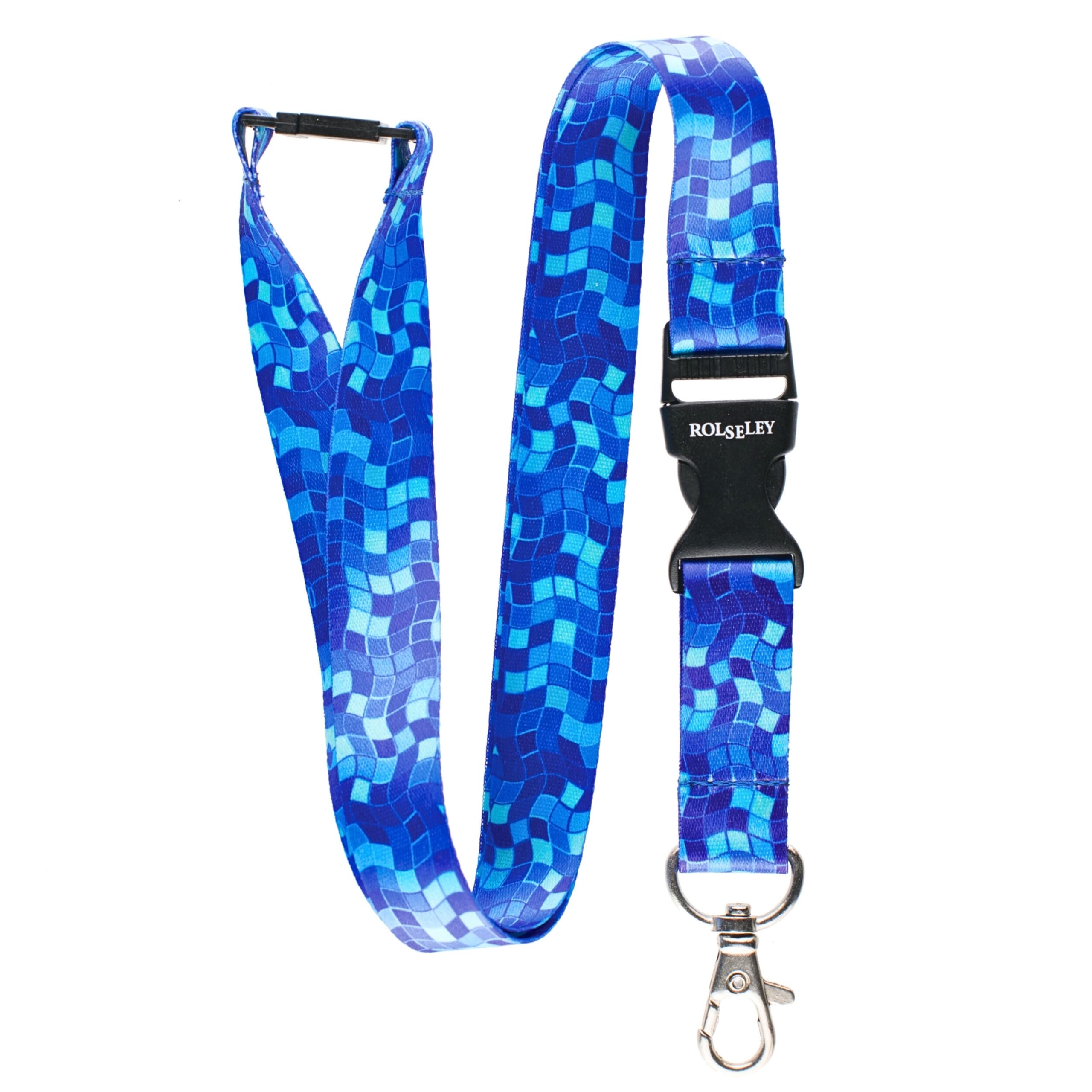 ROLSELEY Lanyard Neck Strap BLUE MOSAIC Pattern With Metal Lobster Claw Clip And Safety Breakaway for ID and Passes for Everyday Use at Office, School, Events