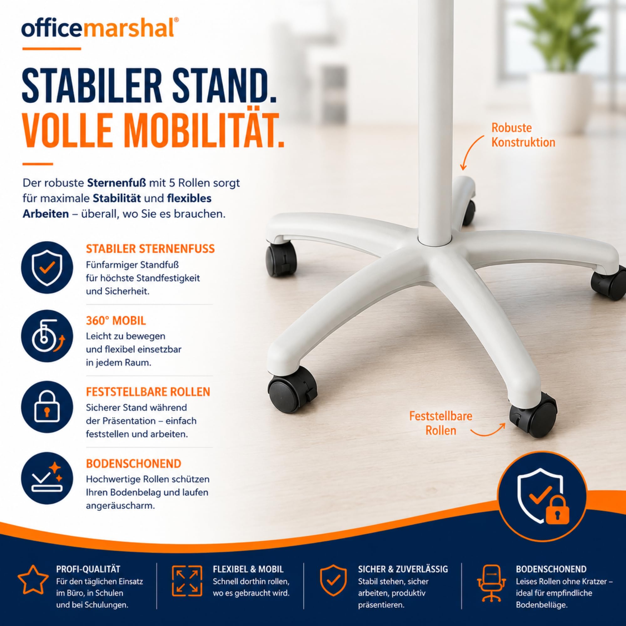 OfficeMarshal Flipchart Whiteboard mobil mit Rollenfuss Ständer 73x105cm | Höhenverstellbar bis 210cm, Beschreibbar, Trocken abwischbar, magnetisch (Piranha)