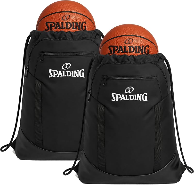 Spalding Mochila con cordón Bolsa deportiva | Bolsa de gimnasio impermeable negra | Saco con cincha con soporte separado para zapatos y pelotas | para viajes, baloncesto, deportes, paquete de 2