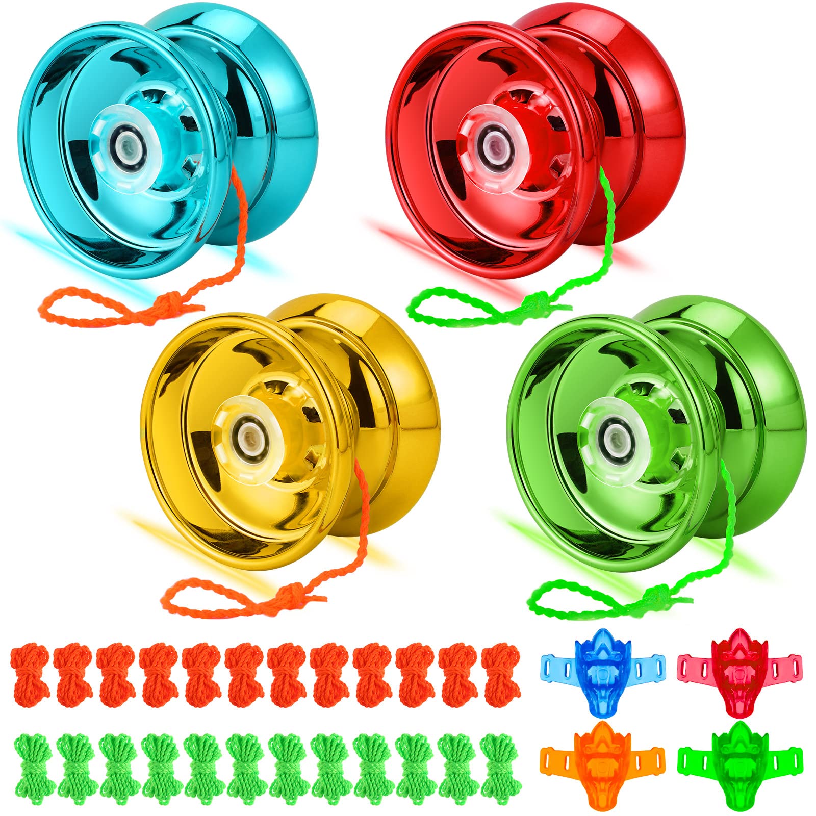 Leitee 4 Packs Professional Unresponsive Yoyo Ball Aluminum Metal Yoyo for Teens Beginner with 4 Dragon Finger and 24 String for Beginner and Professional