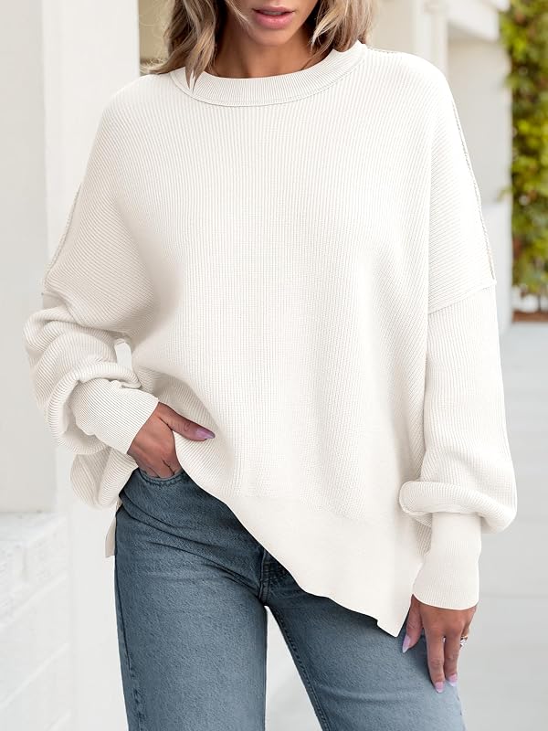 ANRABESS Women Oversized Sweaters Batwing Long Sleeve 2025 Fall Outfits Crewneck Casual Knit Side Slit Fashion Pullover Top White Small by ANRABESS - Image 2