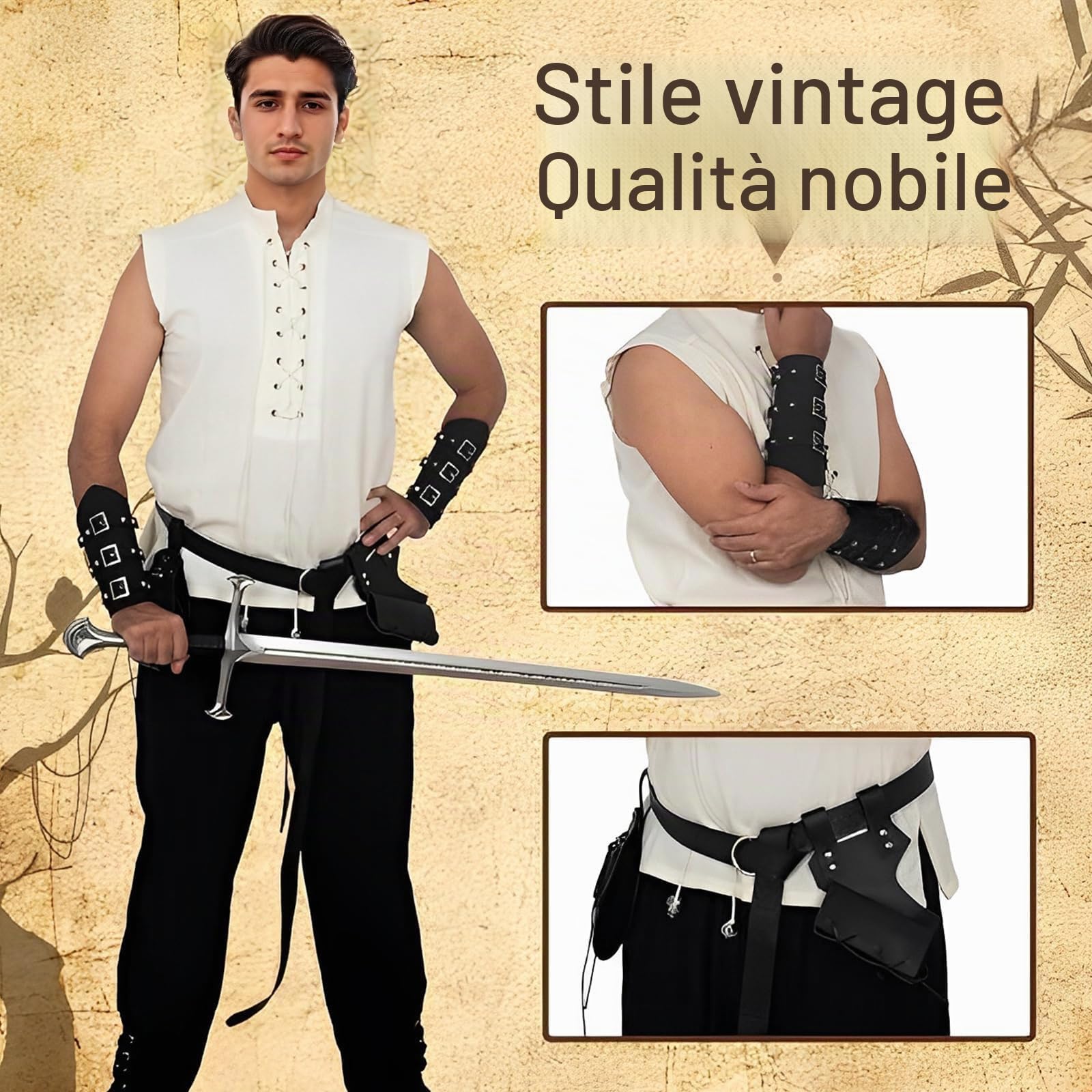 7 Pezzi Costume Medievale, Set di Abbigliamento Medievale da Uomo e Donna Costume Vichingo Accessori Costumi Medievali Rinascimentali per Accessori Pirata Halloween Carnevale Cosplay