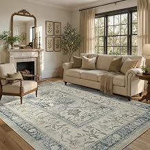 GarveeHome Vintage Blue Area Rug 5x7 Washable Cottage Core Retro Farmhouse Low-Pile Stain Resistant Non-Slip Rugs for Bedroom Living Room Nursery Kitchen Home Office TPE Backing Indoor Decor