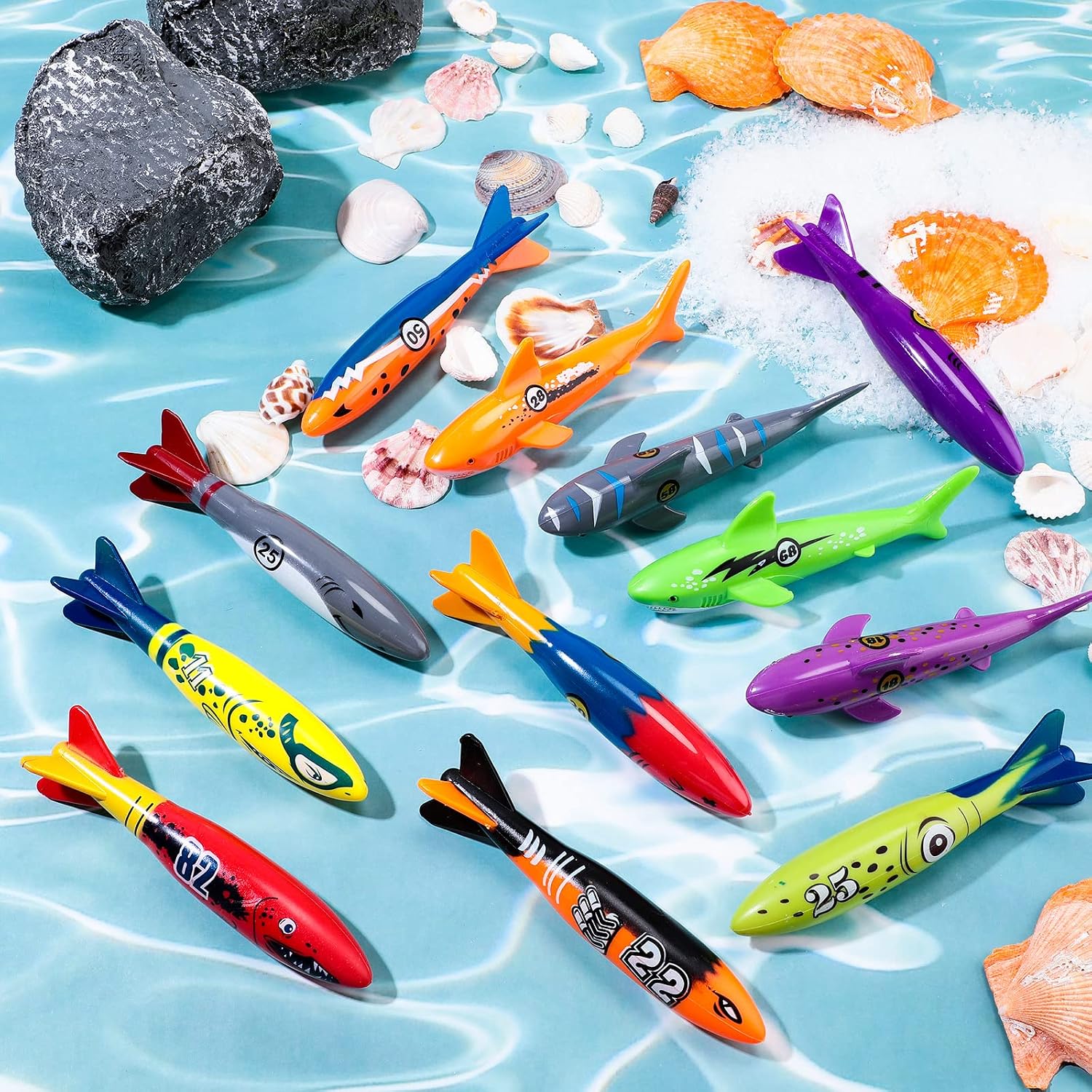 Lenwen 36 Pcs Underwater Diving Torpedo Bandits Pool Toys Underwater Diving Torpedo Bandits Shark Swimming Glides Toys 12 Colorful Fun Toy Training Gift Set for Pool Bath Boys Girls Teens Adults