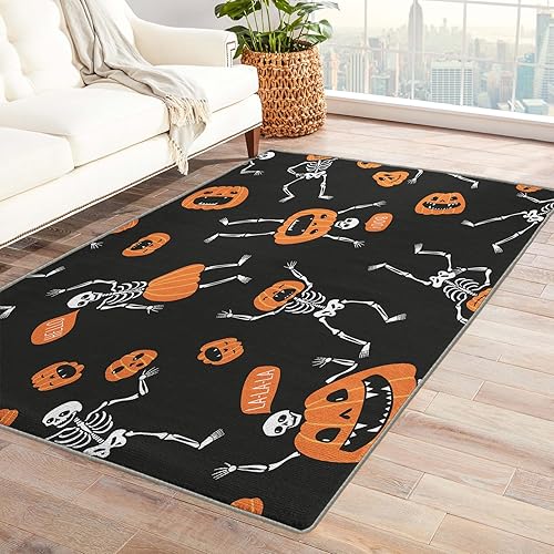 Alfombra de esqueleto de 2 x 3 pies, alfombra de Halloween, alfombras divertidas para entrada, sala de estar, dormitorio, alfombra de calabaza,