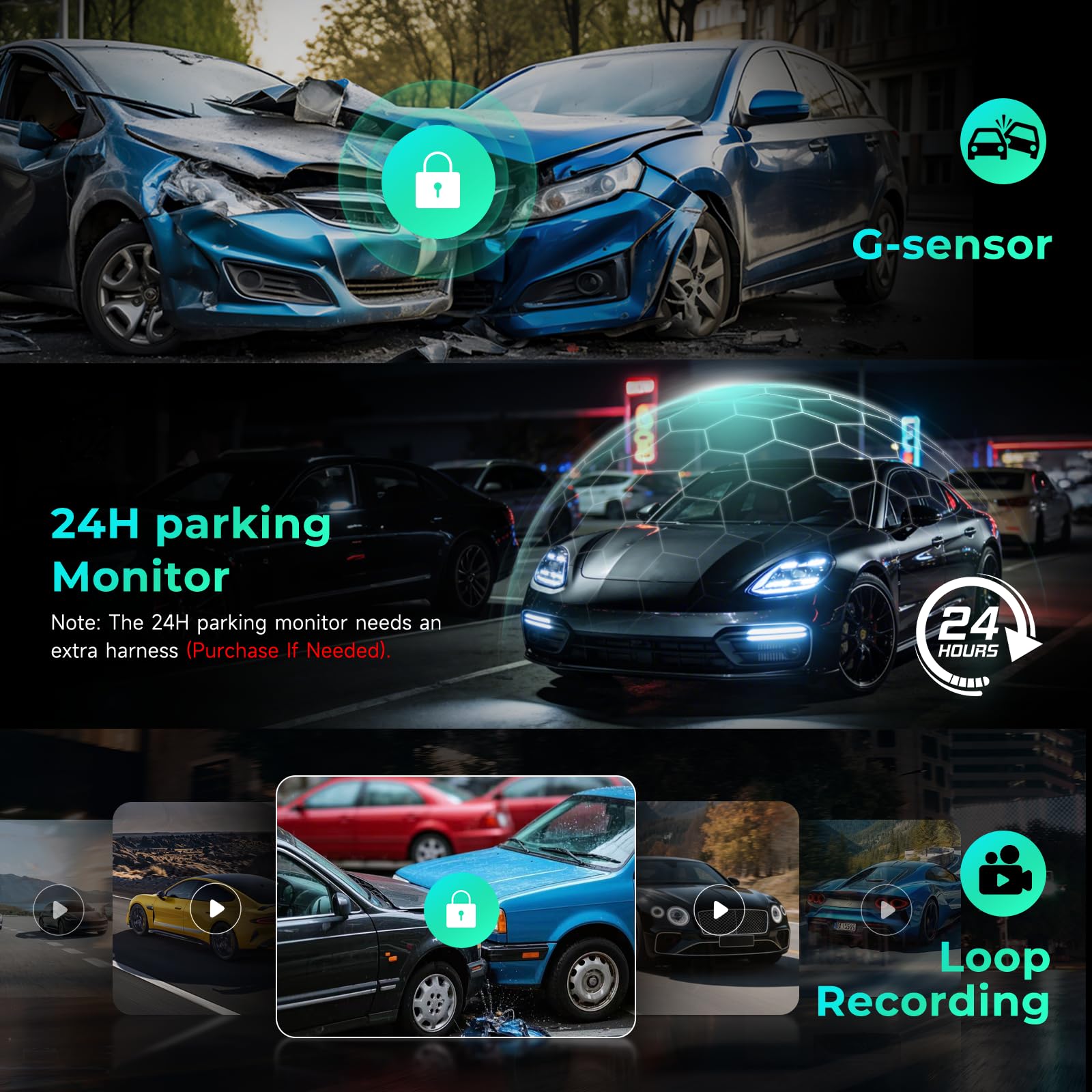 Inefala Caméra embarquée Compatible avec Mazda CX5 2019-2025 et CX9 2020-2024, avec caméras 4K Ultra HD, capteur G, WiFi, Boucle de détection de Mouvement, SD 64 Go