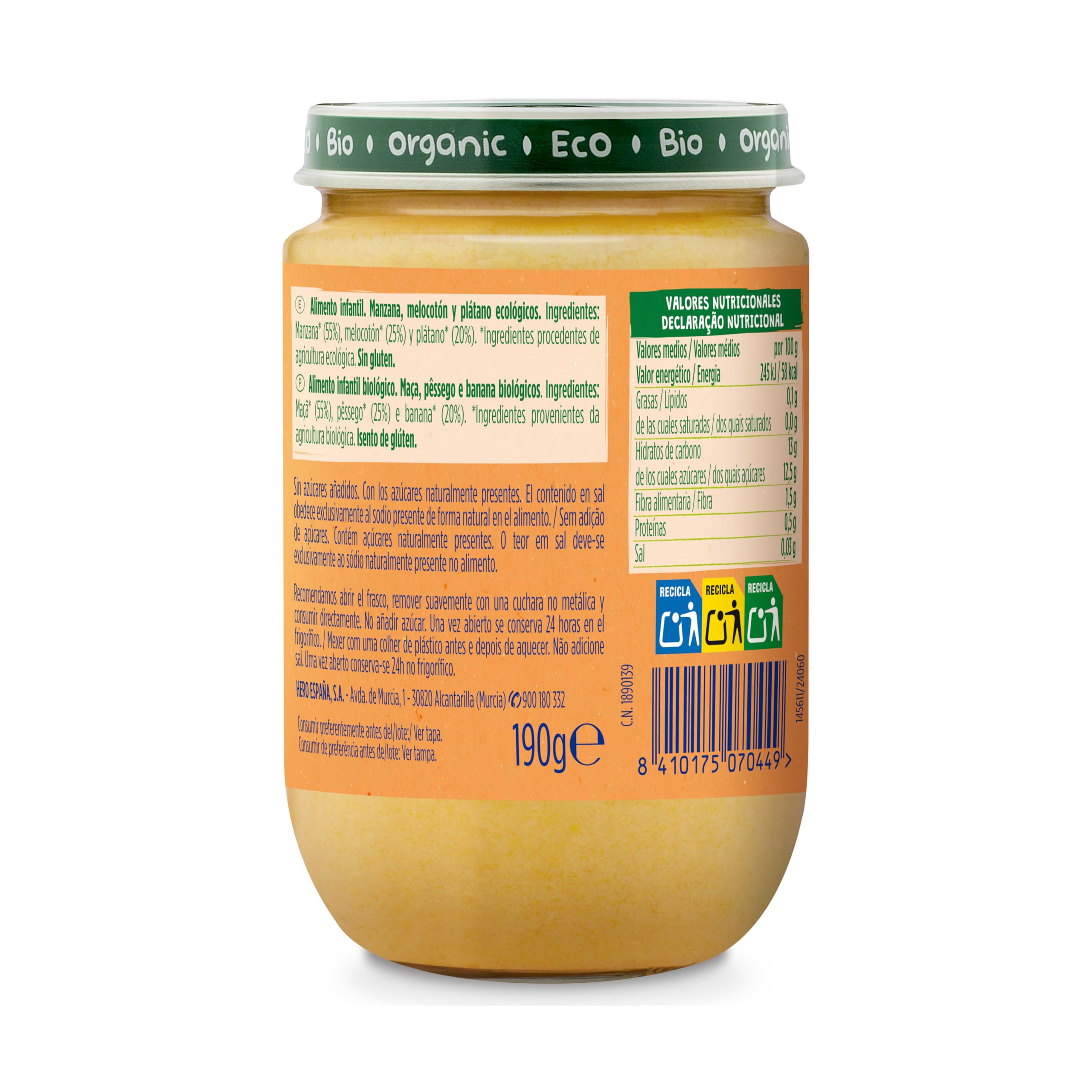 Hero Solo Bio Tarritos de Manzana, Melocotón y Plátano 100% Ecológico, con Ingredientes Naturales para bebés desde los 4 meses - Pack de 12 x 190 g