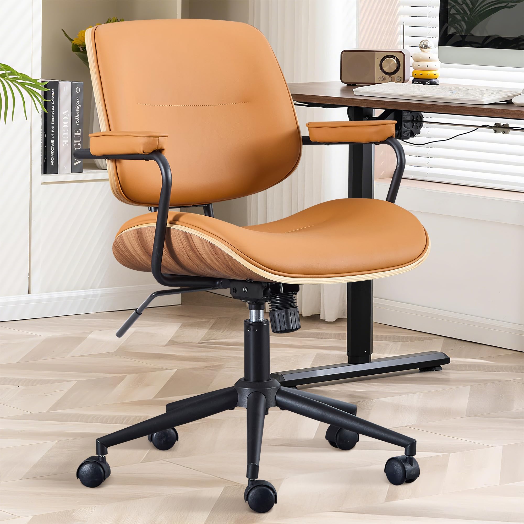 BERYTH Office Computer Desk Chair Mid Century Modern Office Chair Swivel Rolling Task Chair with Armrests and Walnut Back, Adjustable, 360 Swivel for Home Office Orange