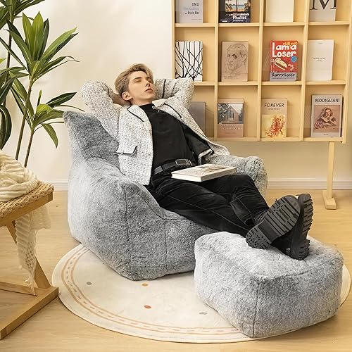 Miniatura 4 de Cvortll Puf con otomano, sillón puff con relleno, ultra suave y esponjoso de piel sintética con reposapiés, sofá perezoso de felpa con taburete para