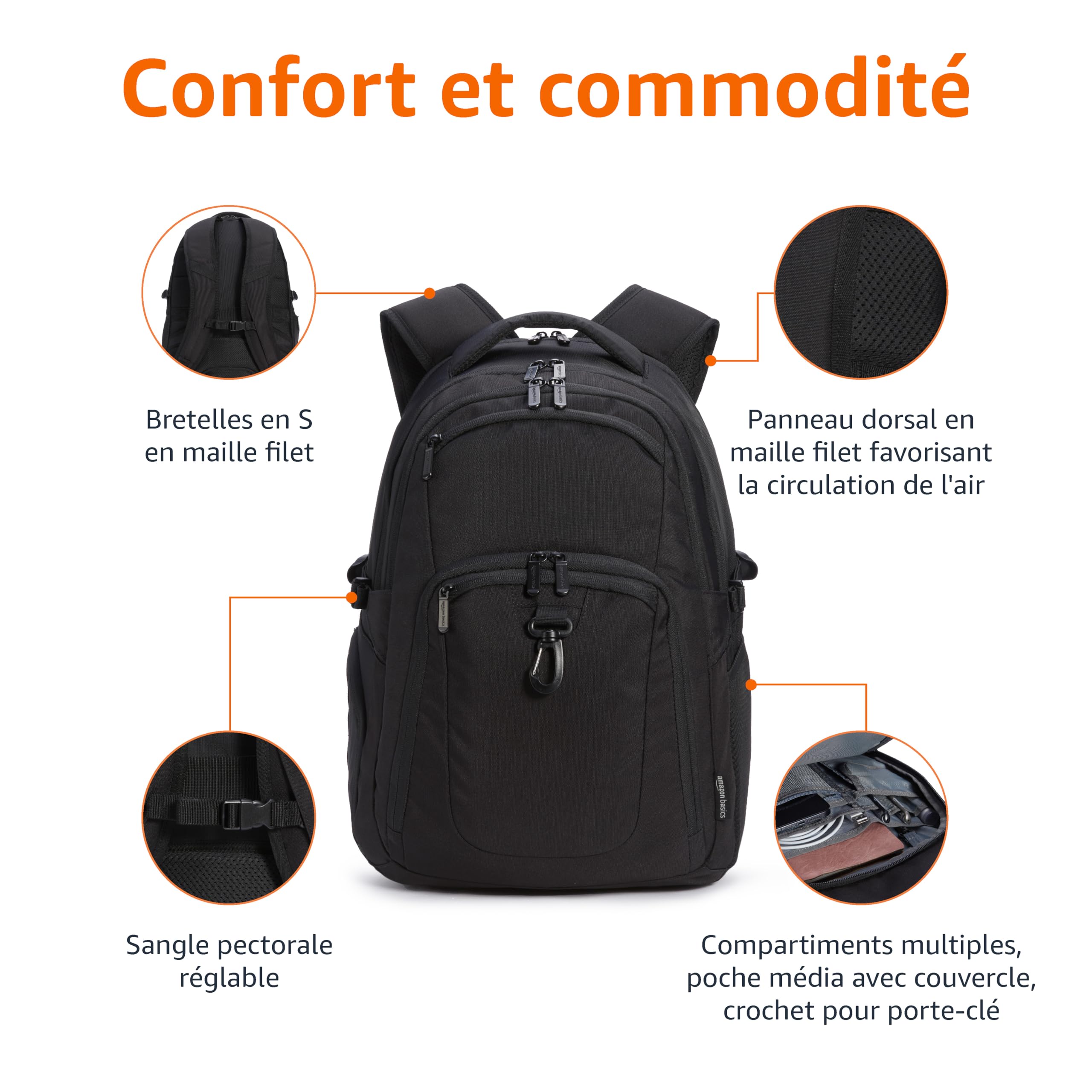 Amazon Basics Sac à dos de voyage pour ordinateur portable 17", Noir