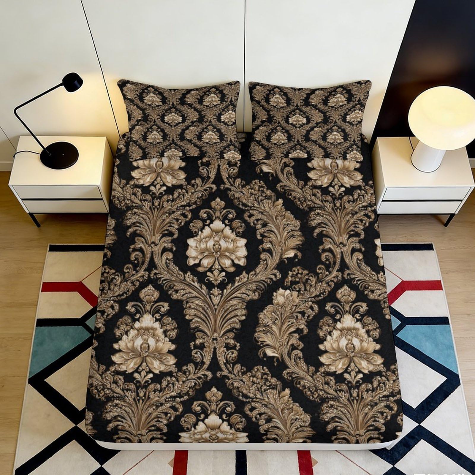 3D Printed Baroque Floral Fitted Sheet Microfiber Soft Breathable Damask Mattress Cover for Bedroom Dorm Decor 90x200x25cm