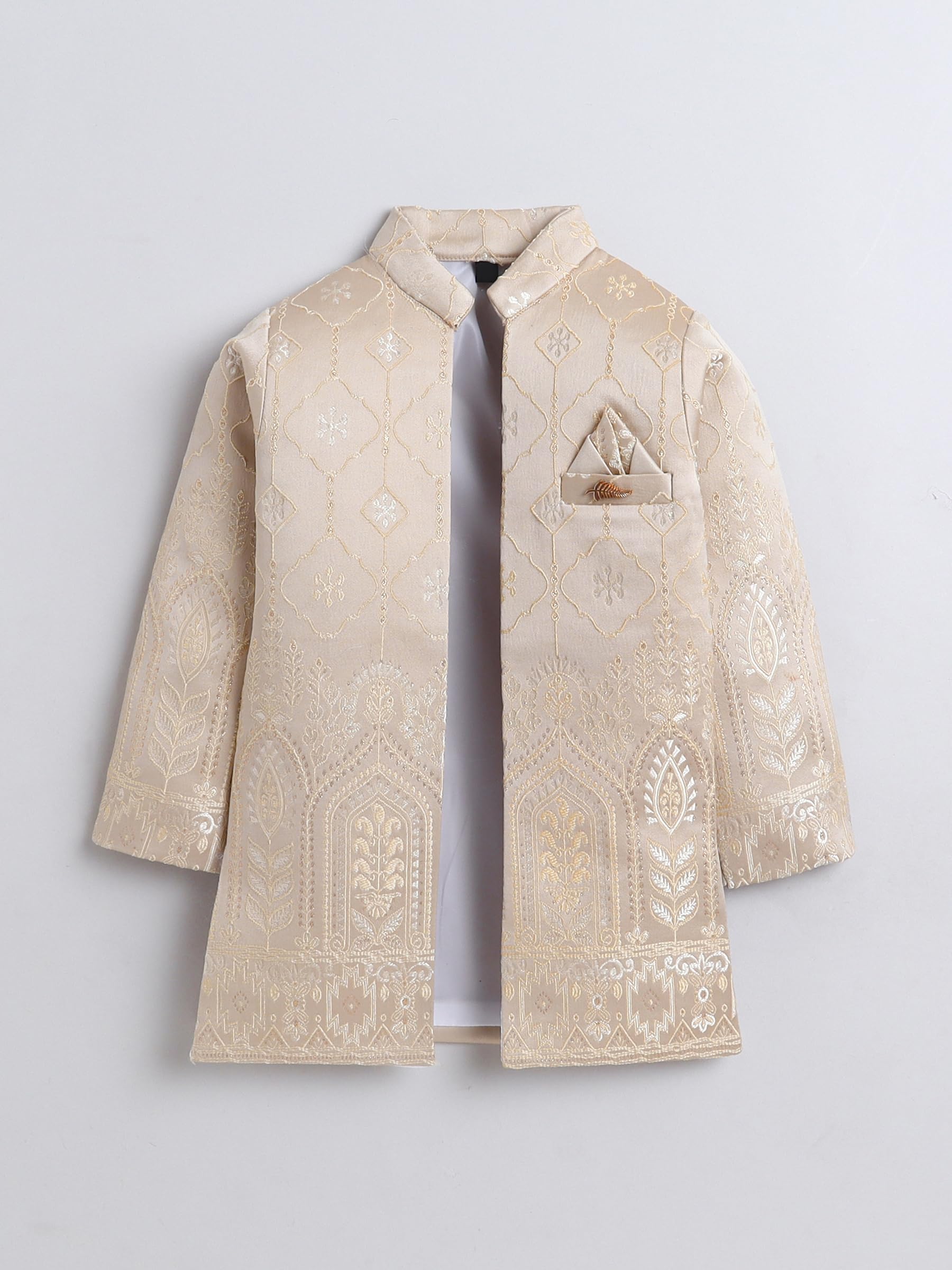 FOURFOLDS Boys Jacquard Leaf Motifs Sherwani & Trouser Set With Shrug- Beige 2