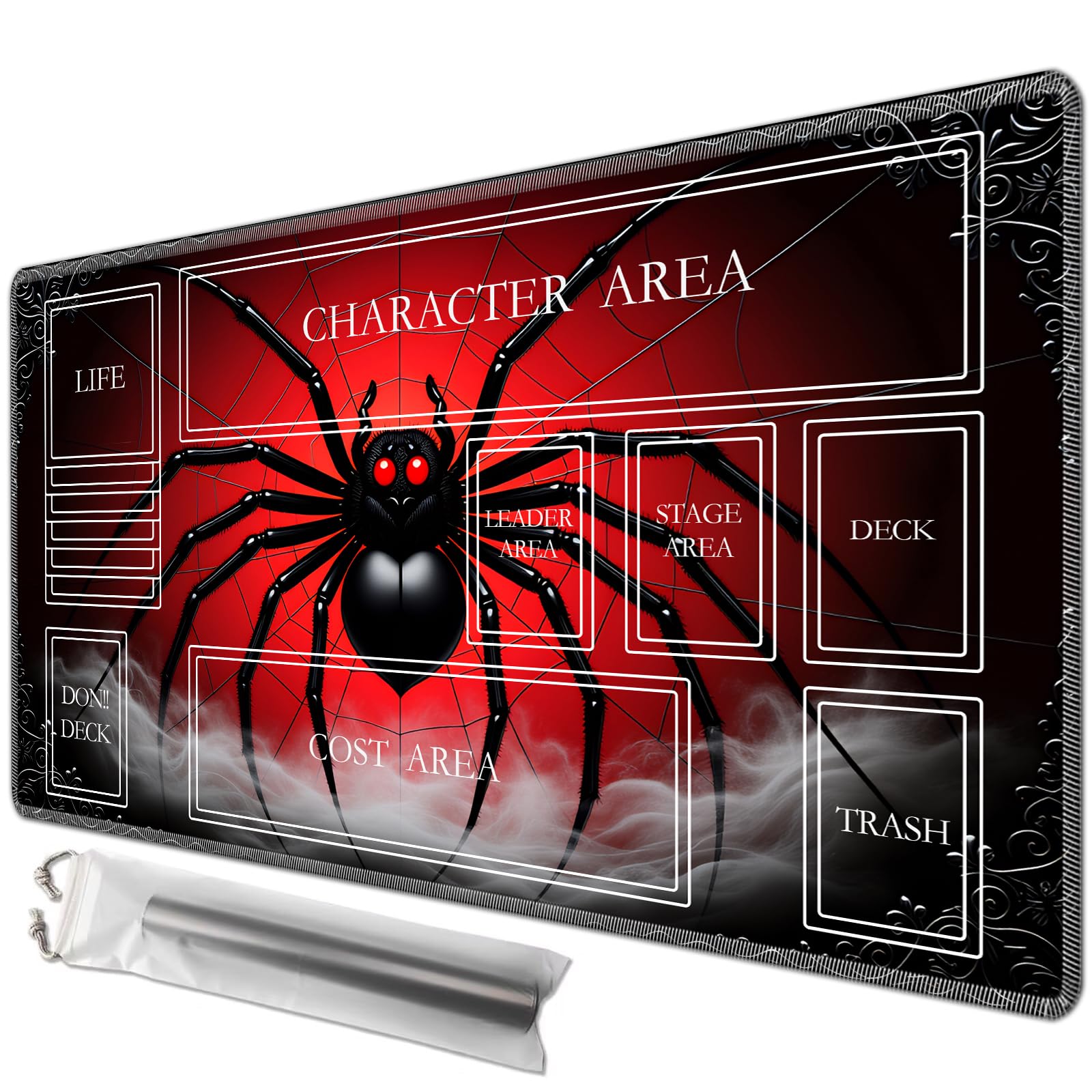 JANENFNA Playmat 24" x 14" with Magic Zones for MTG Card Game Playing, Board Game Mat for Card Breaking Commander Deck Gaming Card Game Battles Mat with Storage Bags, Red Spider โ image 1