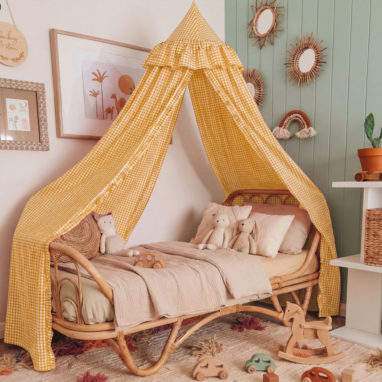 SmoothNovelty Gingham Plaid Bed Canopy with Ruffles Soft Vintage Style Decorative Tent for Reading Nook Play Area or Adult Bedroom Circus Tent Canopy(Yellow) — view 6