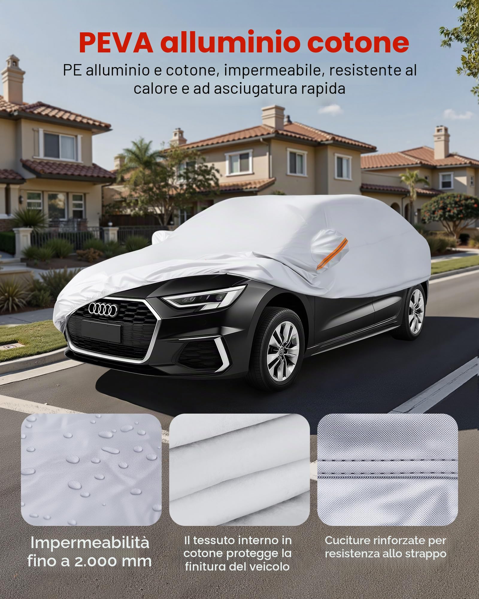 VEVOR Telo Copriauto, Telo per Auto Impermeabile per Modelli di Berline Europee di Medie Dimensioni, Protezione Completa su Misura Neve, con Cerniera Sulla Portiera e Fodera in Cotone, Argento