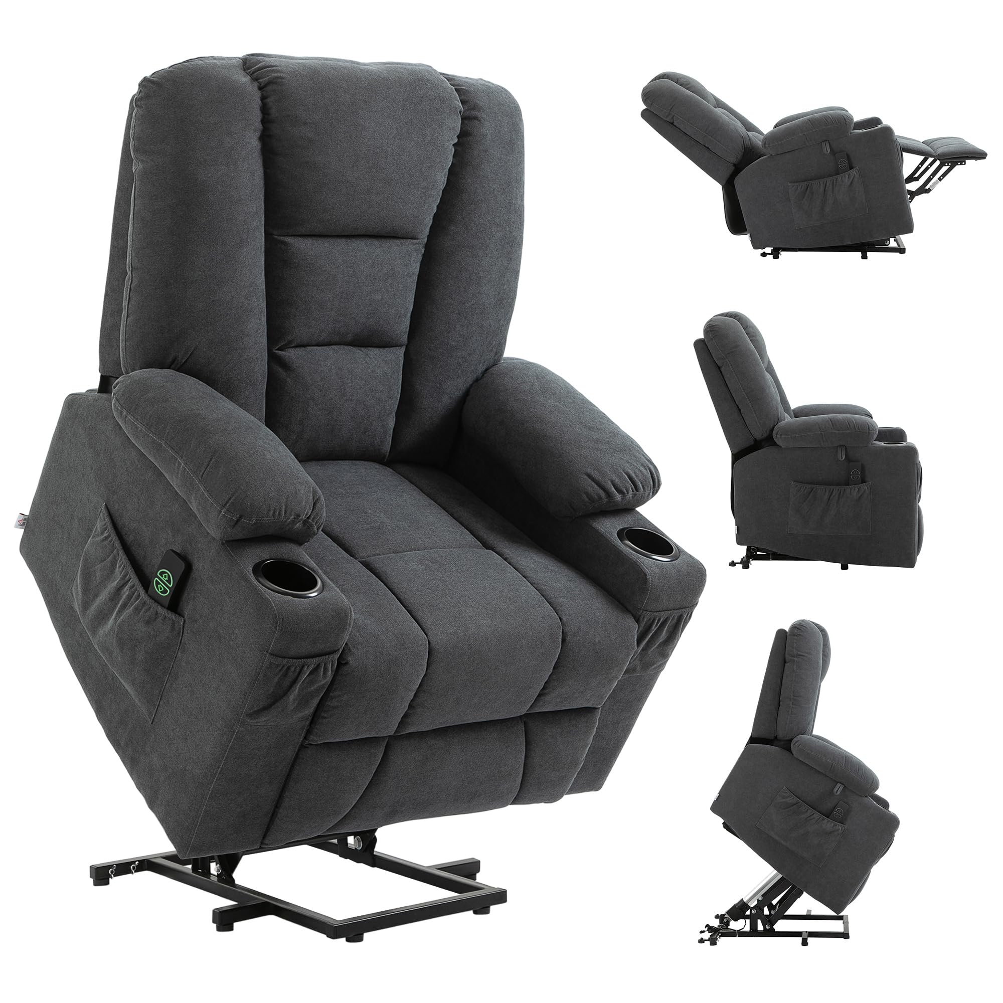 HOMCOM Oversized Riser and Recliner Chairs for the Elderly, Fabric Upholstered Lift Chair for Living Room with Remote Control, Side Pockets, Cup Holder, Charcoal Grey