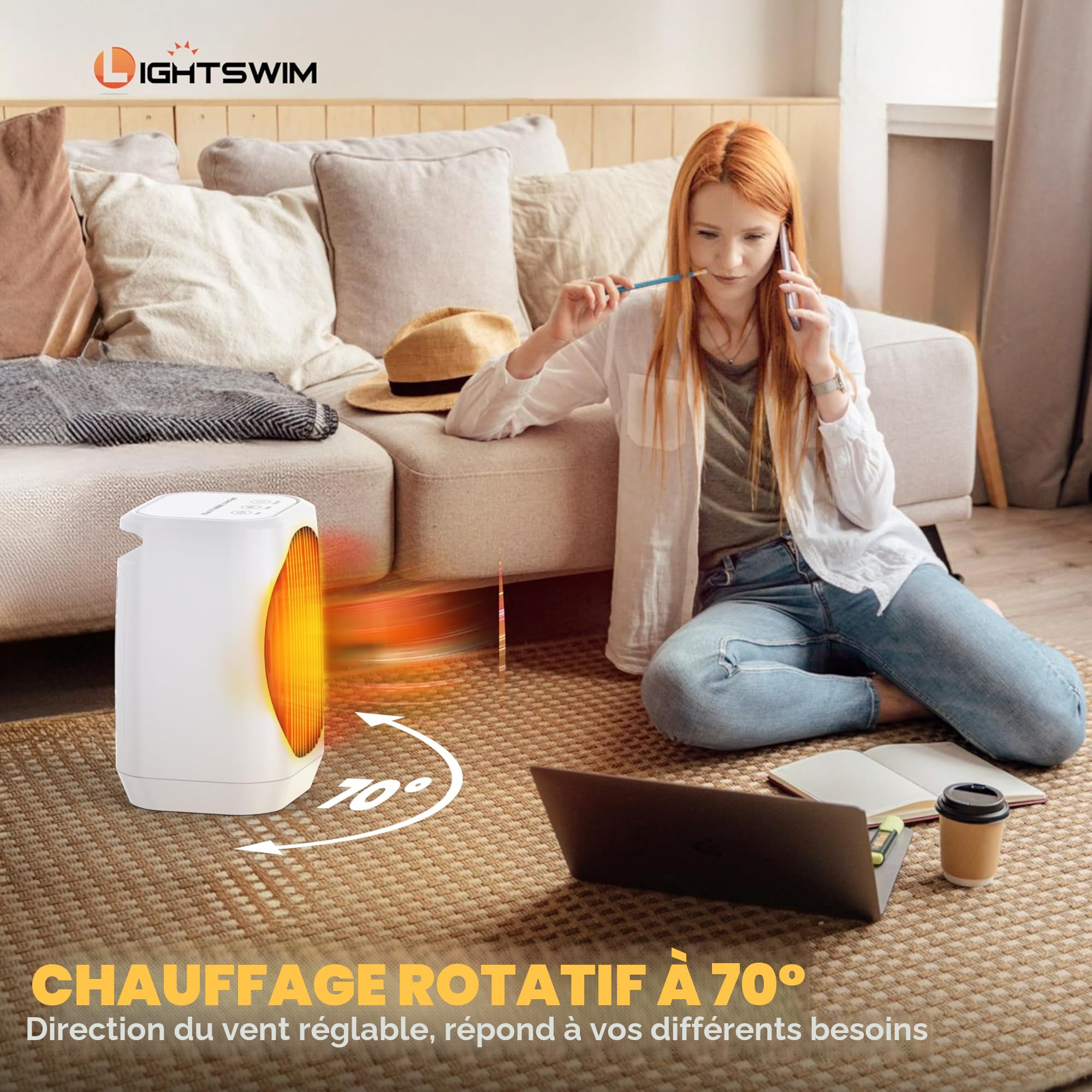 Lightswim Chauffage d'appoint électrique portable oscillant à 70°, 1200 W PTC en céramique avec 3 modes, mini chauffage/refroidisseur pour bureau, chambre, intérieur (blanc)