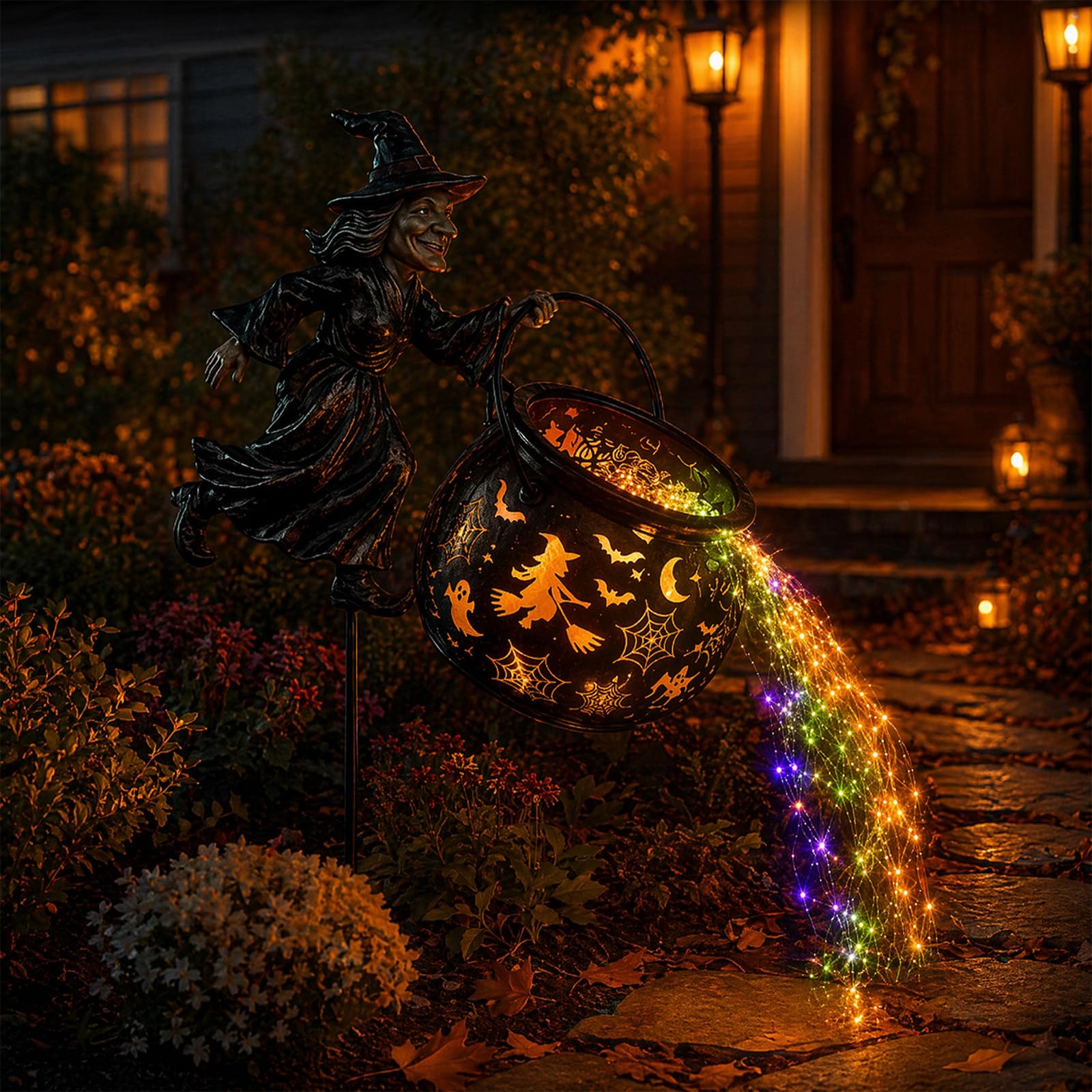 Metal Halloween Witch Cauldron Garden Stake Light Outdoor Amber Glow 7.87in