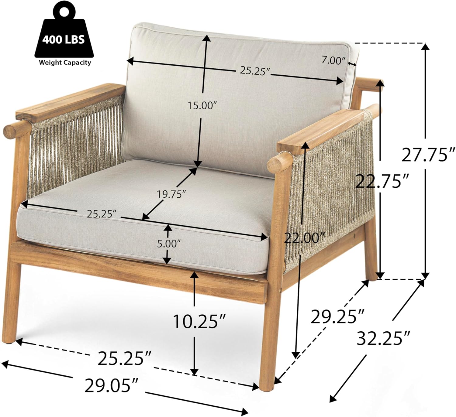 Merax Outdoor Acacia Wood Lounge Chair w/Coushions, Patio Club Chair with Rope & Sturdy Wood Legs, All-Wearther Singe Sofa Chair for Porch, Lawn, Backyard, Balcony, Teak+ Beige