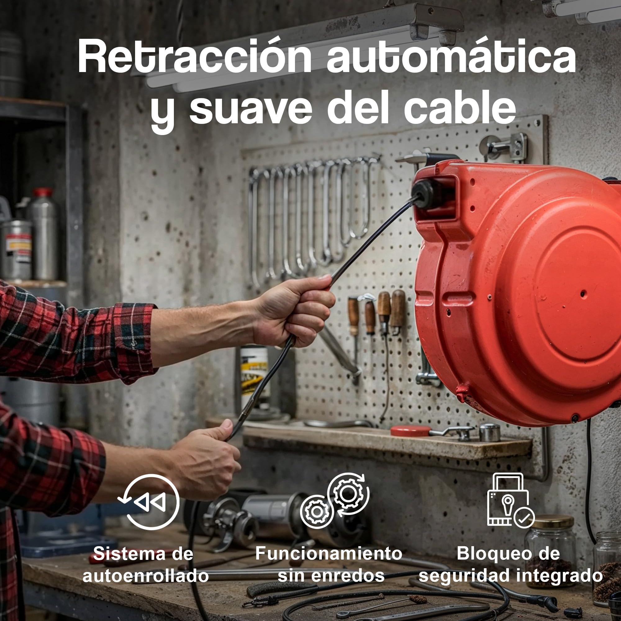 G Carrete de cable automático 20 m x 2,5 mm² - Enrollador retráctil con soporte de pared giratorio, 1600 W enrollado / 3200 W desenrollado