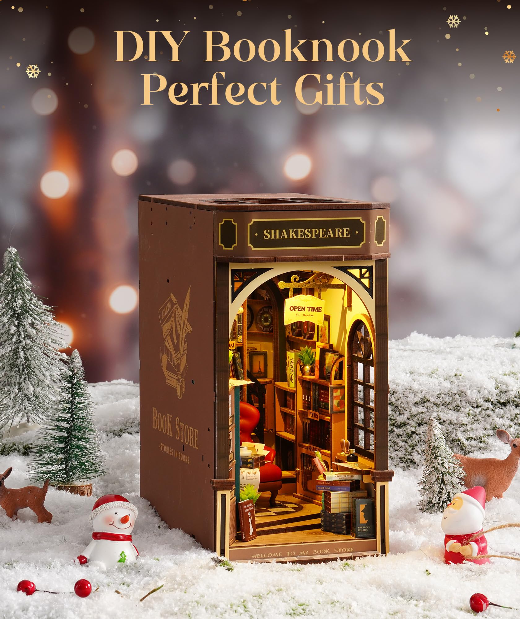 ROWOOD Libreria Book Nook Kit, Fai Da Te Miniatura Casa, Puzzle Modello Building Kit Con Luce LED, Miglior Decorazione Per La Casa E Regali Per Adulti Da Costruire