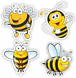 INKati Happy Bee Collection - 4-Pack of Exclusive Large Vinyl Sticker Decals for Luggage, Car Bumpers and Laptops - Durable and Weatherproof Gloss Finish with Removable Adhesive (Mixed Designs 4-Pack)