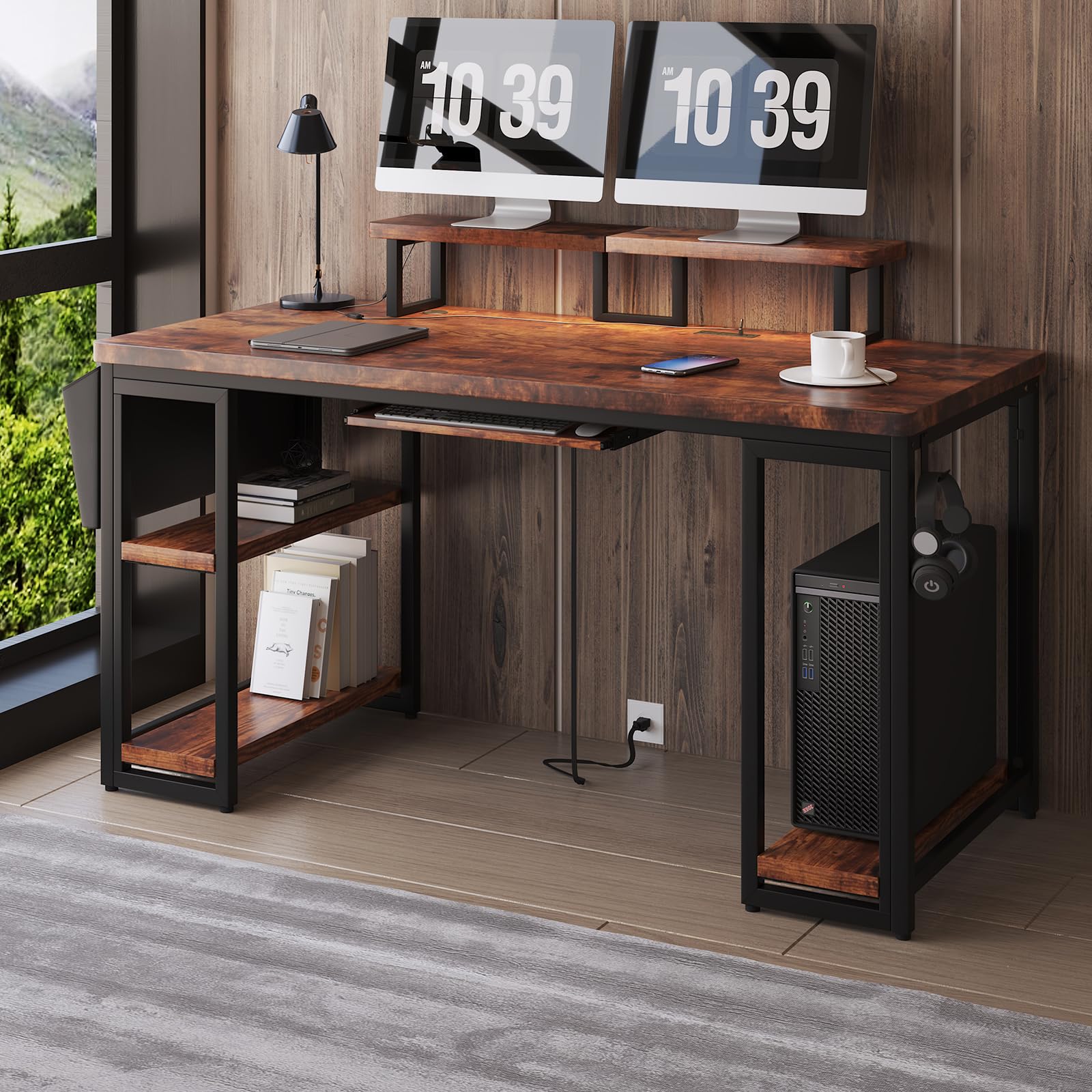 Home Office Desk with Monitor Stands and Storage Shelf, 63Inch Wooden Desk with Led Lights and Power Socket, Document Hanging Pocket,HeadphoneHook,Keyboard Drawer, Brown