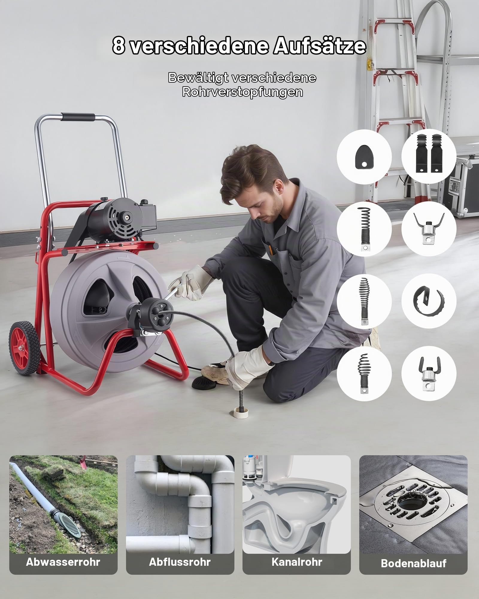 VEVOR Rohrreinigungsmaschine 30 m x 13 mm, Rohrreinigungsgerät mit Automatischem Vorschub, 8 Schneidwerkzeugen & Pneumatischem Fußschalter, Rohrreiniger für Rohrdurchmesser von 50 bis 150 mm