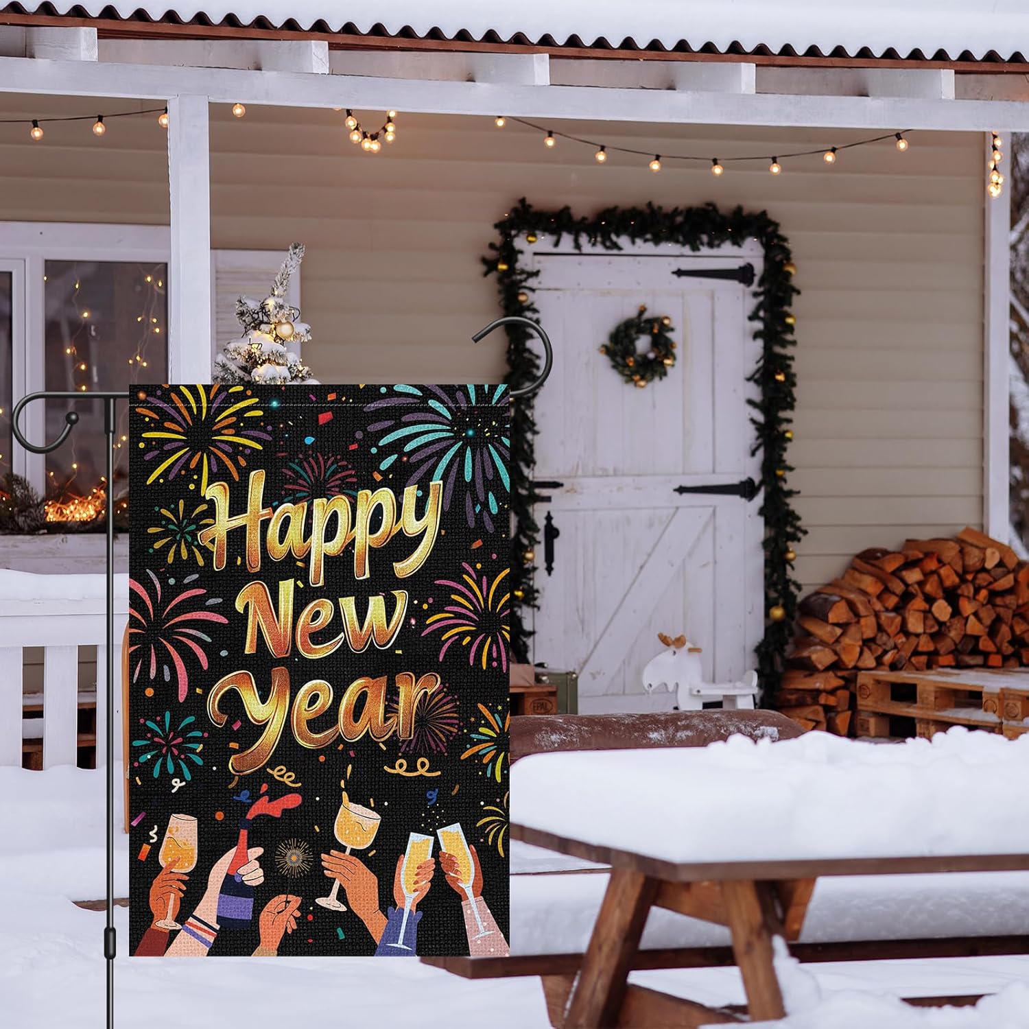 Heyfibro Happy New Year Garden Flag 12x18 Inch Double Sided Burlap Firework Champagne Cheers Celebration Banner for Christmas Winter Holiday Party Yard Outdoor Decoration(ONLY FLAG) - Image 3