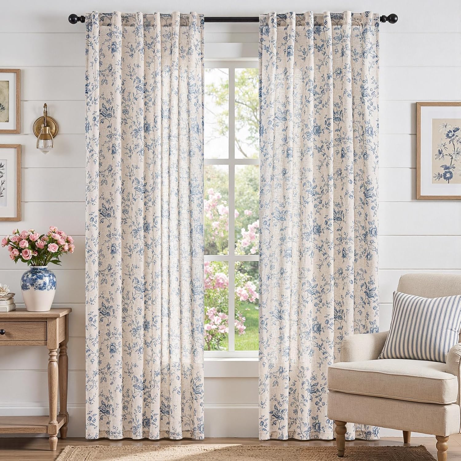 jinchan Amlie Linen Floral Curtains 84 inch Length Curtains for Living Room Bedroom Farmhouse Country Decor Drapes Light Filtering Window Treatment Back Tab Rod Pocket 2 Panels Blue