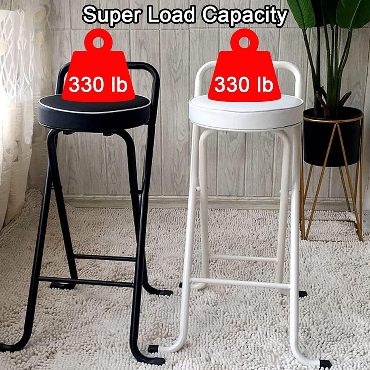 Folding Stool with Footrest, PU Padded Kitchen Stool, Portable Height Foldable High Chair, Tall Stools for Outdoor Shop Cafe (Color : Black, Size Seat 65cm) (Black+White Seat Heig