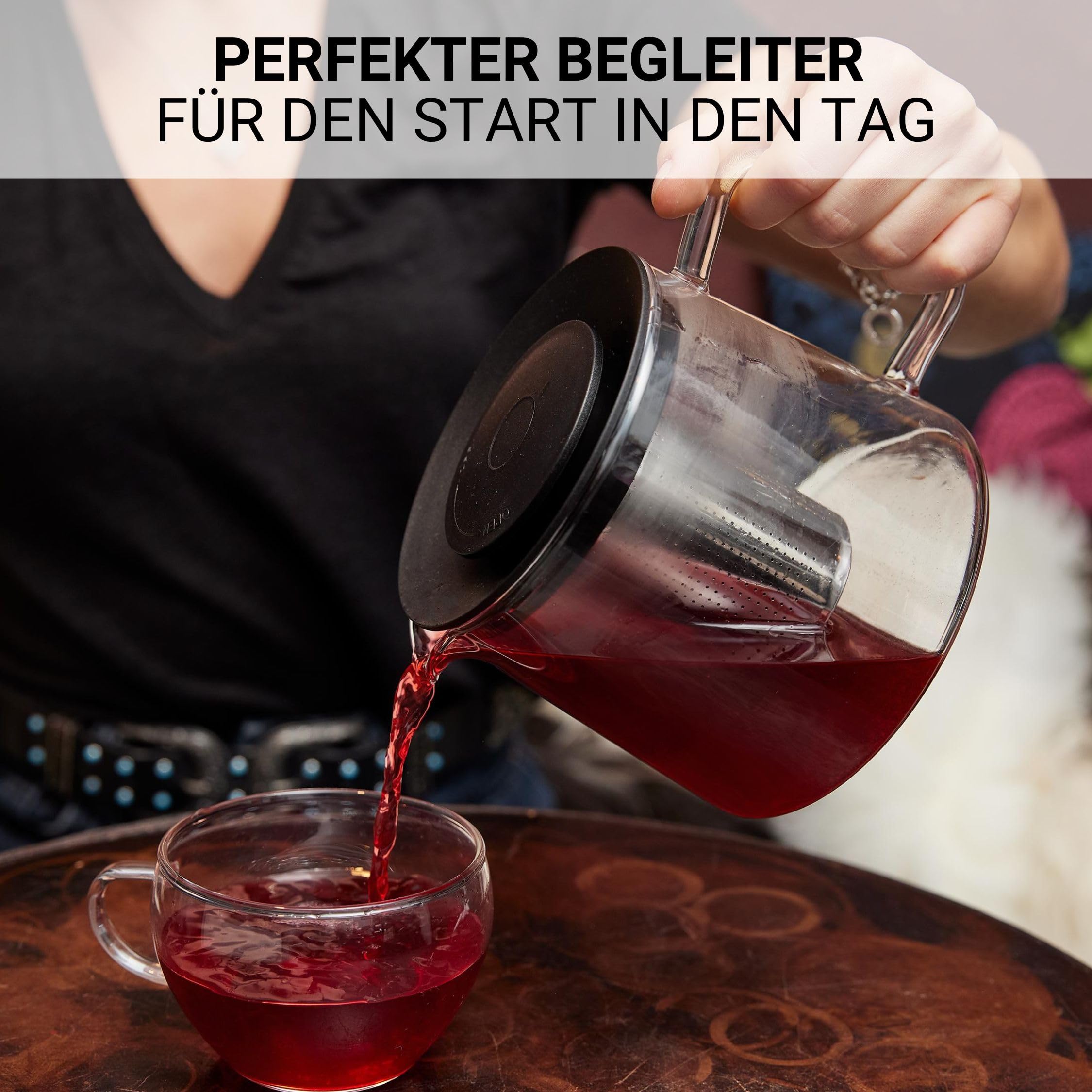 Teekanne "Tea-Time" mit Sieb Edelstahl 1,0 Liter Borosilikatglas Teebereiter Glaskanne Teesieb Filter rostfrei mit Deckel Zubereiter geeignet für kalte und heiße Getränke | Borosilikatglas, Edelstahl Sieb, 1 Liter, rostfrei, hitzebeständig, Filter, Kanne,
