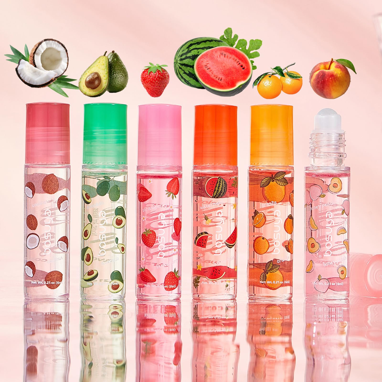 6Pcs Roll On Lip Gloss Set，Lip Gloss Fruit Flavored，Moisturizing Lip Oil Make up for Teens and Girls，Hydrating Long Lasting Glossy,Christmas Party Favors Gift，Vegan & Cruelty-Free