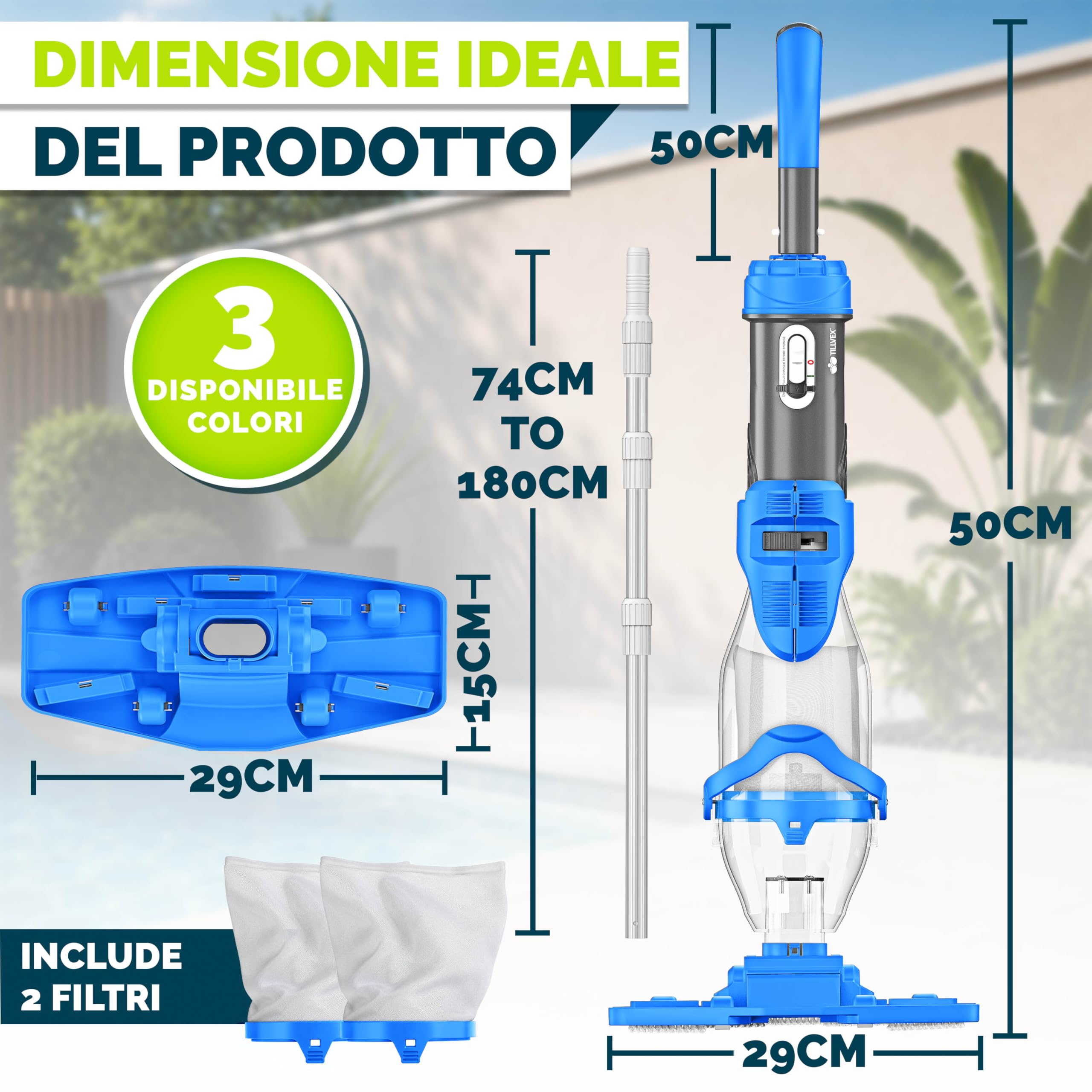 tillvex Aspirapolvere per piscina con batteria ricaricabile e asta telescopica fino a 15 m³ | Aspirapolvere elettrico per fondo piscina con 2 filtri, autonomia di 60 minuti e modalità turbo
