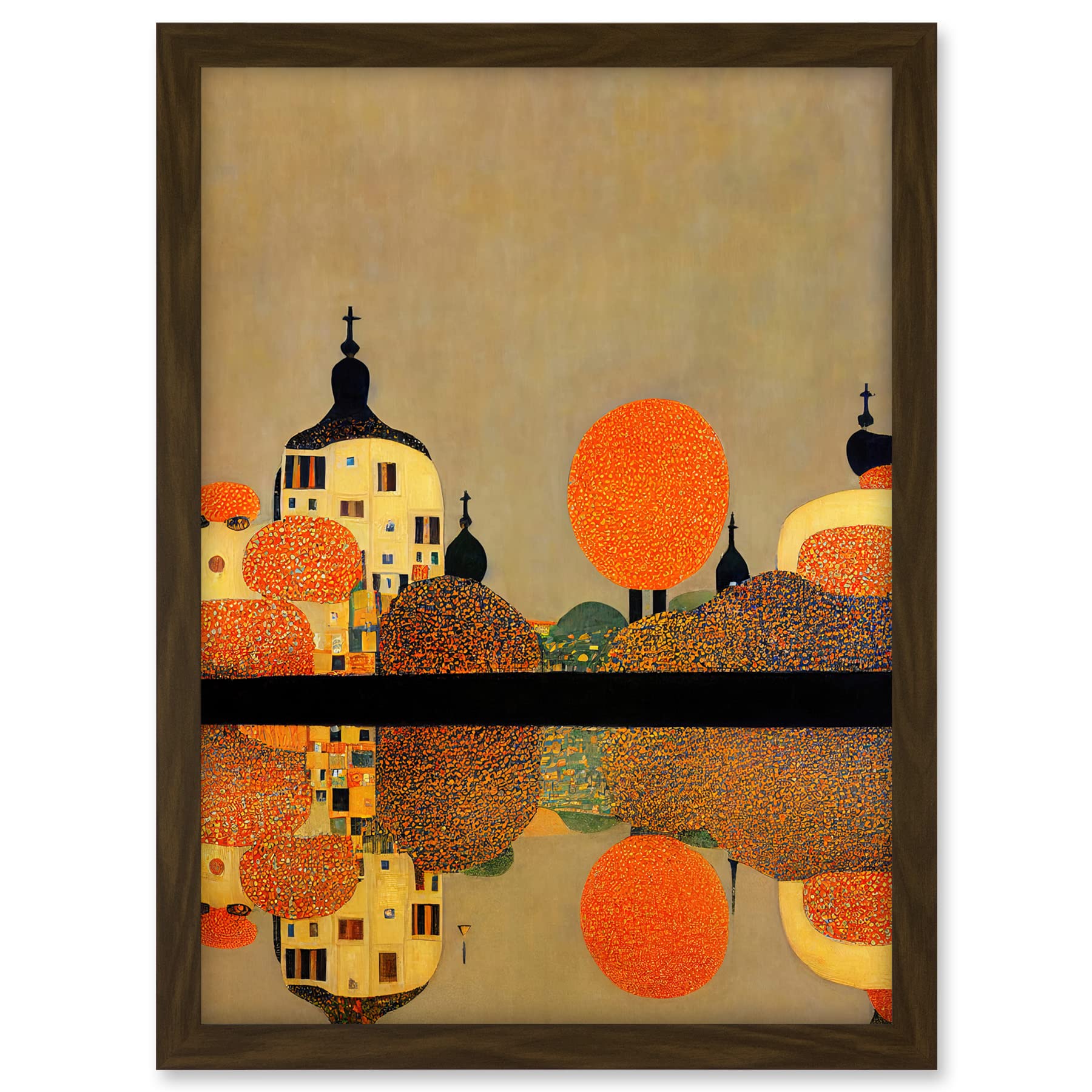 Wee Blue Coo Gustav Klimt Style Autumn Lakeside Town Church Reflection Artwork Framed A3 Wall Art Print