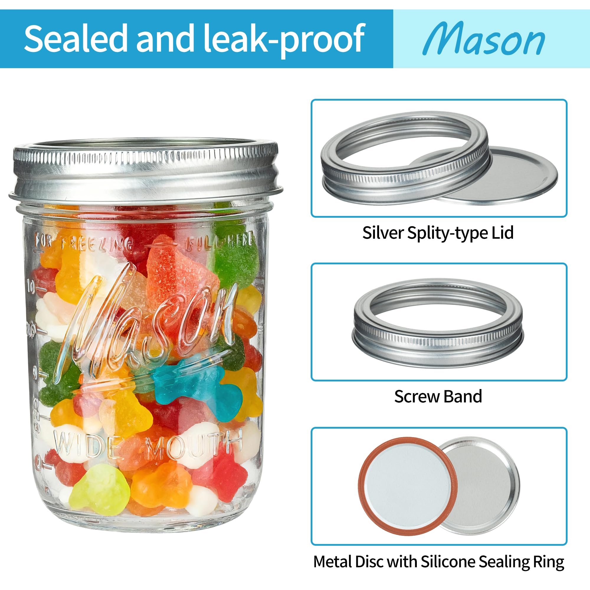 Lot de 8 bocaux Mason à large ouverture avec couvercles hermétiques en métal et bandes - 473,6 g avec couvercles hermétiques en métal pour fermentation, préparation des repas, congélation