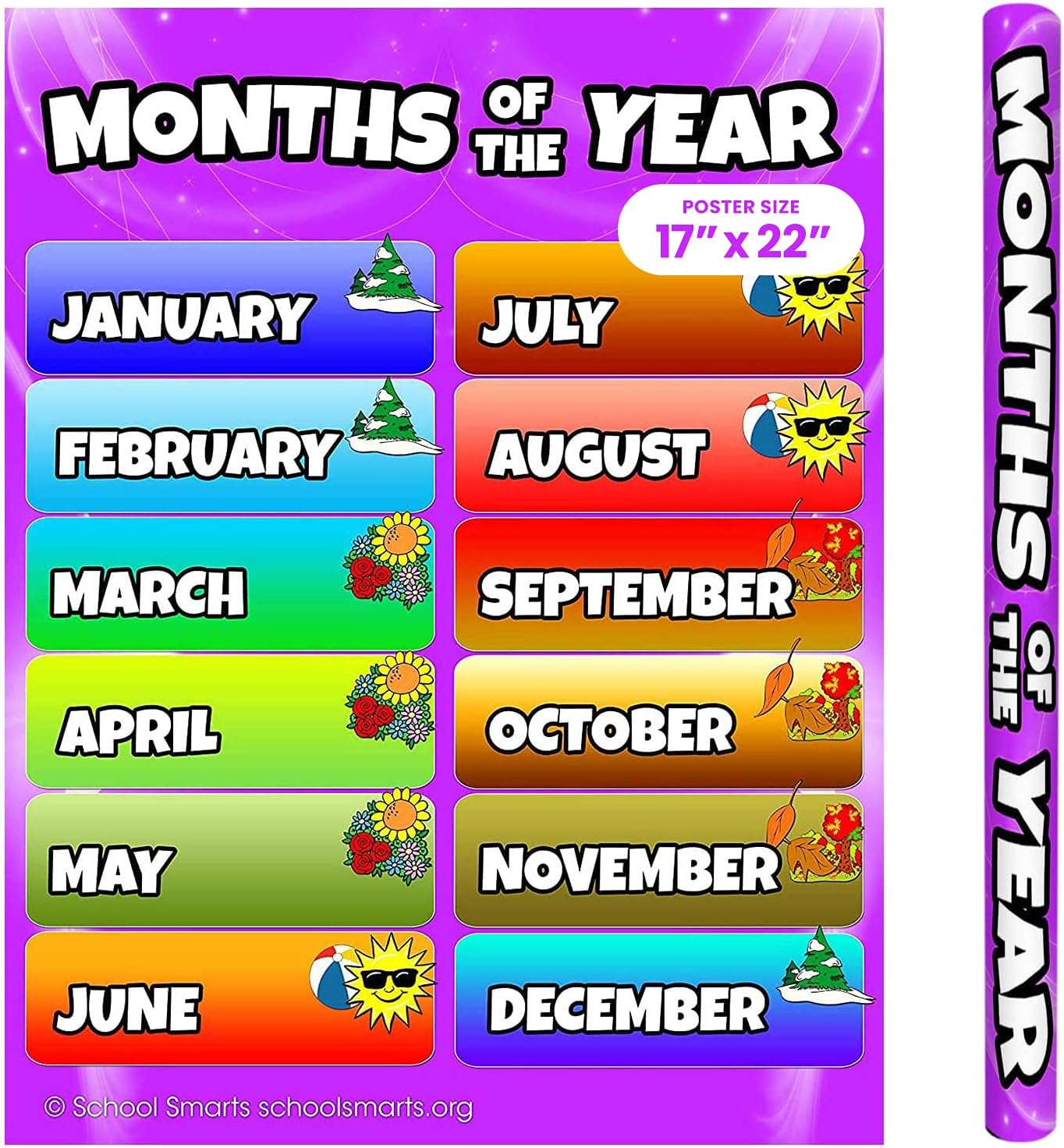 School Smarts 17” X 22 Laminated Months of the Year Wall Poster for Preschool Kids, Perfect for Back To School, Large Durable Display of Months and Seasons for Use in Homeschool or Classrooms