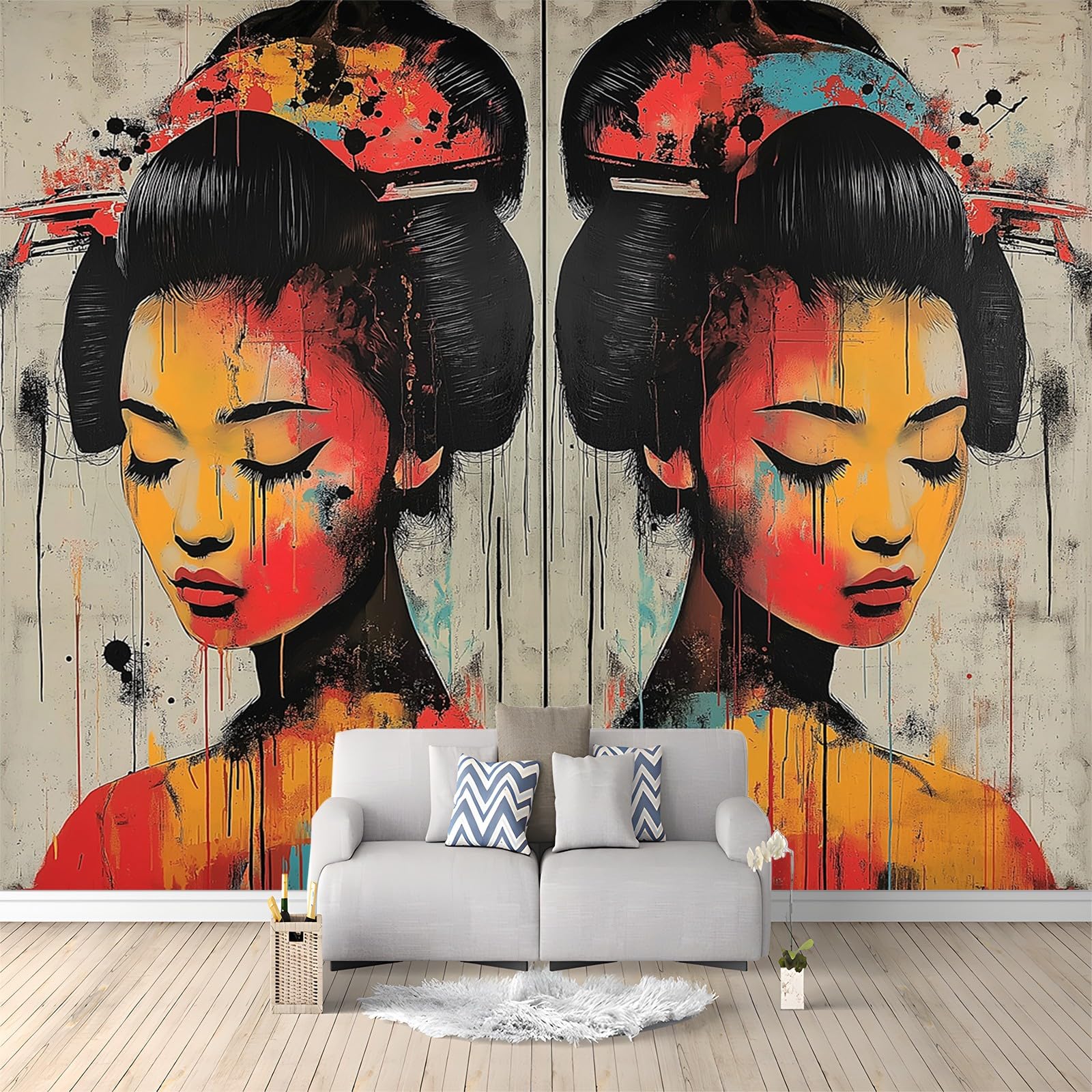 Photo Wallpaper Graffiti Style Japanese Geisha Non-Woven Mural Wallpaper 300 x 210 cm Wall Covering for Living Room and Bedroom Decoration Grey Modern Mural Wallpaper for Children's Room