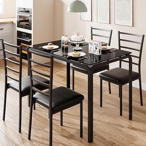 Juego de mesa de comedor de cristal para 4, mesa de cocina y sillas tapizadas para 4, juego de mesa rectangular de madera moderna que ahorra espacio