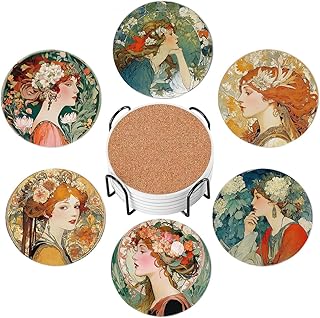 Drink Absorbent Coasters with Holder Set of 6, Ceramic Stone with Cork Base, Beautiful Woman with Flower Art Nouveau Coaster for Drinks, Gift for Housewarming Room Bar Home Decor Kitchen