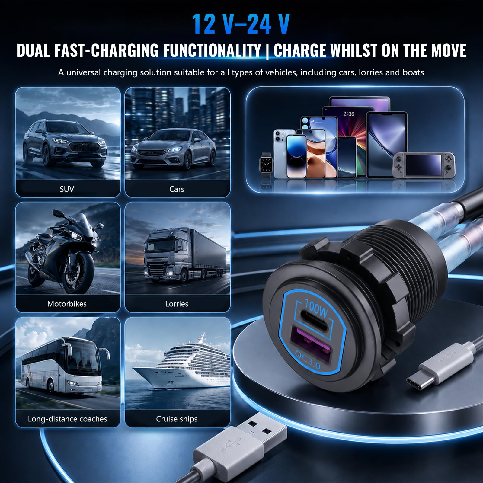 Enchufe USB C de 12 V, 100 W PD y 18 W QC, autocaravana, coche, enchufe USB