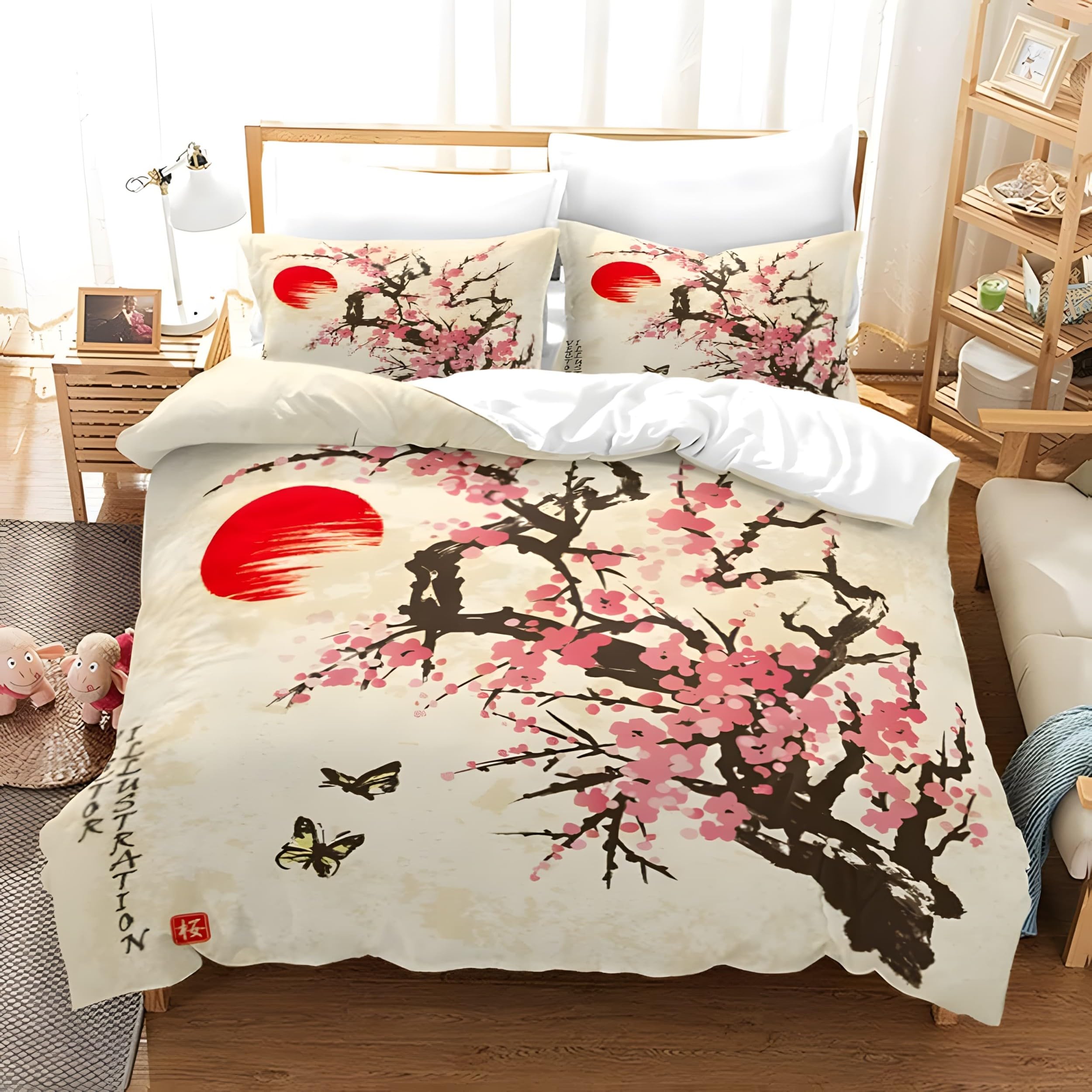 YZQGLHP Pink Cherry Blossoms Double Duvet Cover Japanese Style Bedding Double Bed Set with Zipper Lightweight Microfibre Quilt Cover with 2 Pillowcases 50x75cm