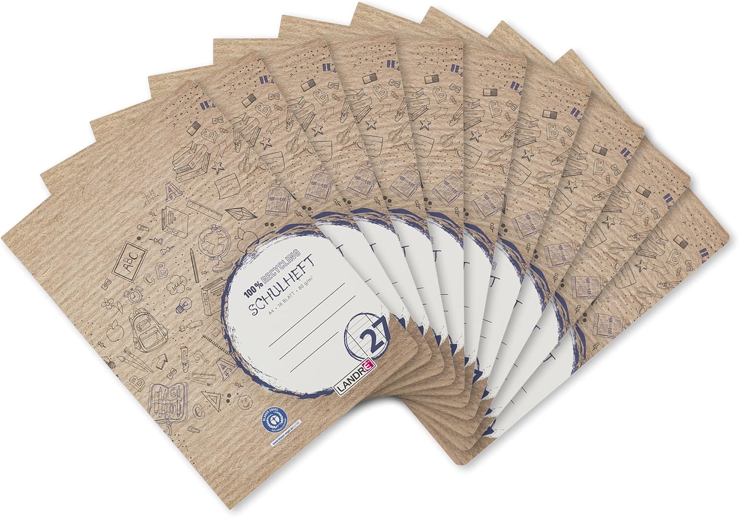 'Recycled"LANDRE 100050215 Notepad A4 16 Sheets Line Style 25 (Lined/Margin 80 g/m², Blue Angel Environment Sign (Pack of 10 Book"Recycling", A4, 16 Pages, Lineage 26 - Chequered/Margin 0