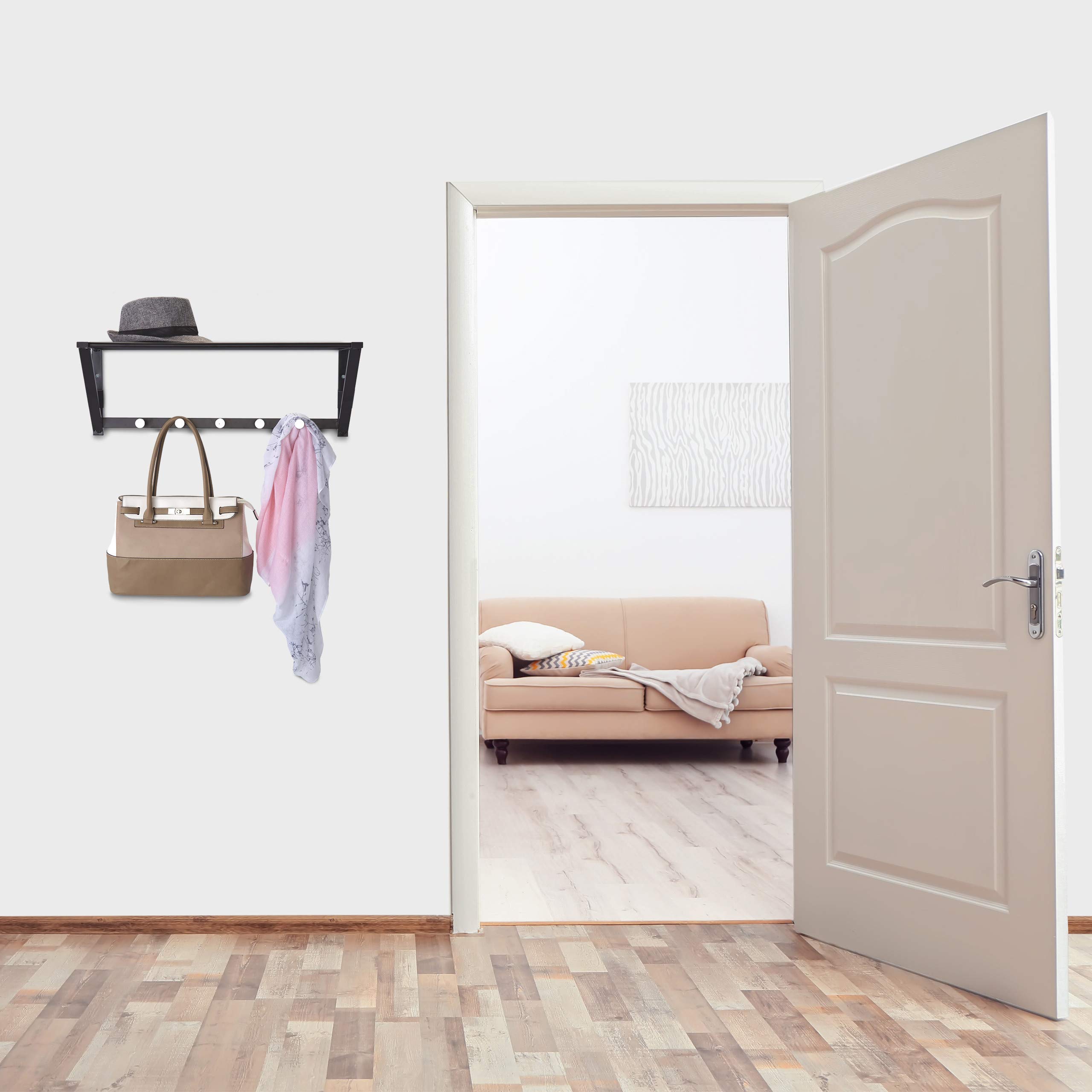 Relaxdays Perchero de Pared con Estante, Toallero con 5 Ganchos, Baño, Recibidor, Pasillo, Metal, 23 x 65 x 25 cm, Negro