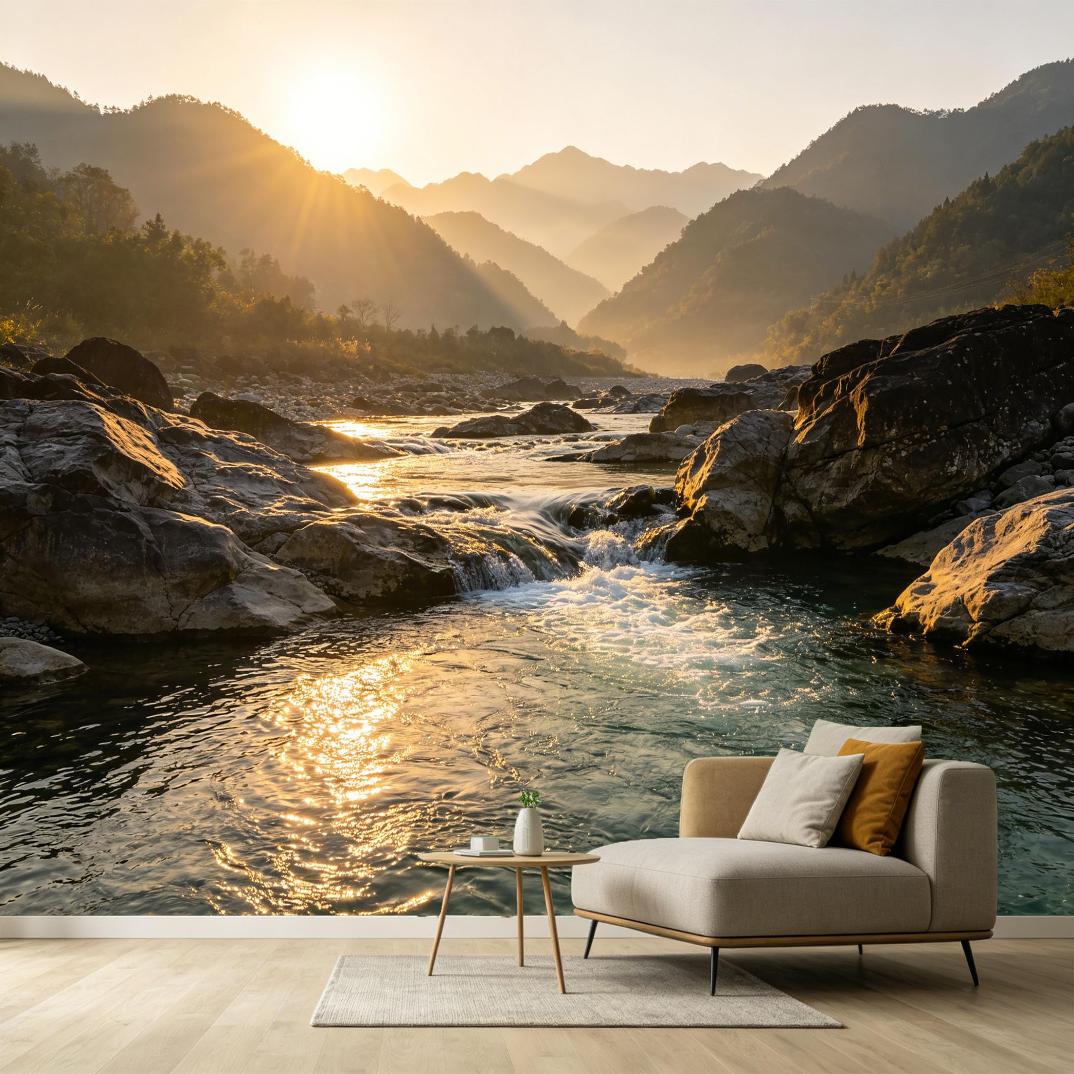 Custom Size Wall Murals Mountain Lake Landscape Morning Sun River Rocks Contemporary SelfAdhesive Wall Fabric Removable Large Wallpaper for Photo Living Room