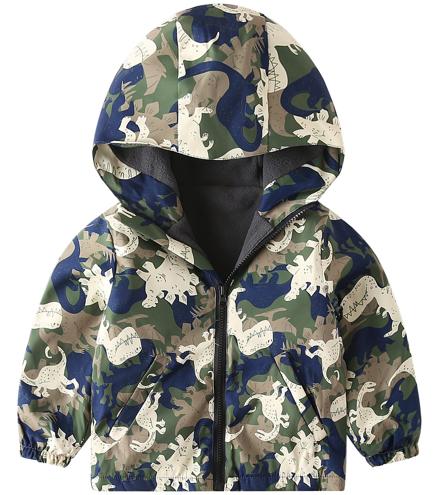 Happy Cherry Toddler Boy Zipper Hoodie Fleece Lining Windbreaker Kid Baby Long Sleeve Hooded Coat Zipper Jacket Casual Printed Dinosaur Jacket Outwear 2-3T