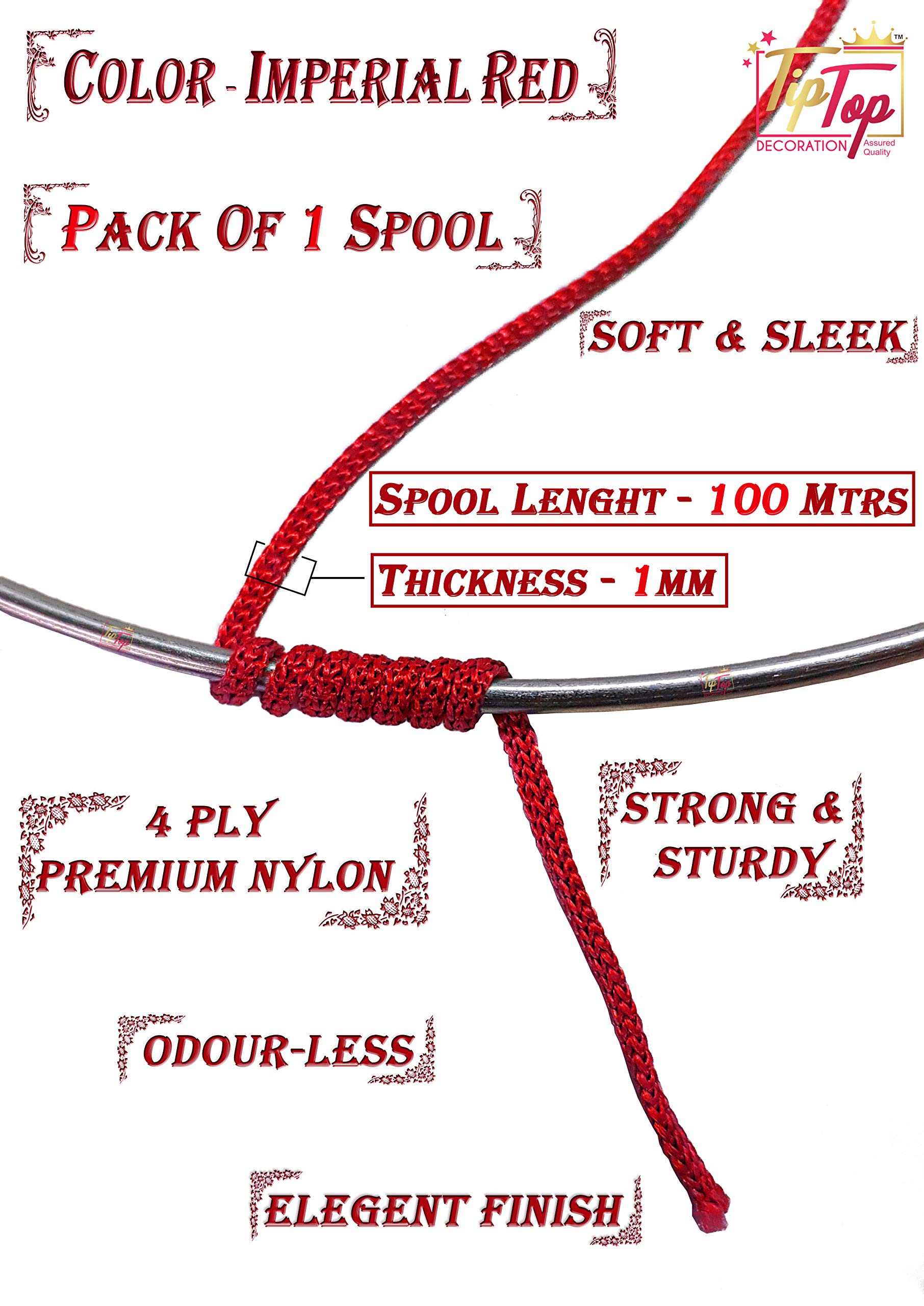 Tiptop Decoration Premium Macramé 4-Ply Braided Nylon Thread Cord Rope (Pack of 1 Spool; 100 Meters) (1mm Authentic) (Imperial Red)